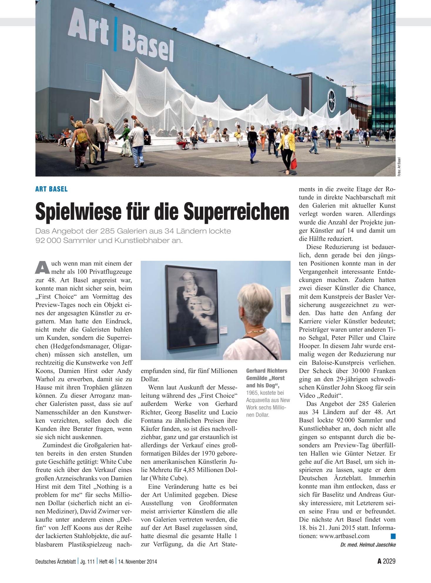 Vorschauseite 1: Art Basel: Spielwiese für die Superreichen – Deutsches Ärzteblatt