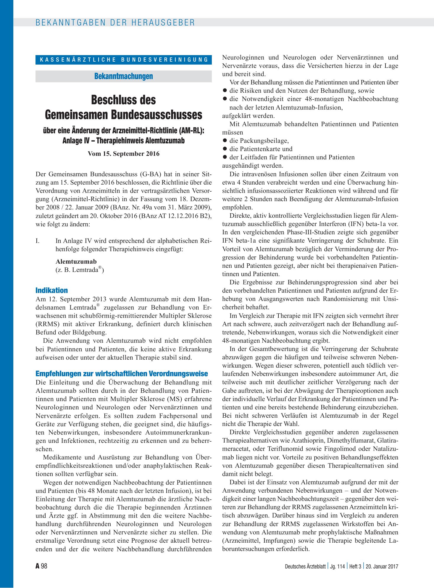 Vorschauseite 1: Beschluss des Gemeinsamen Bundesausschusses über eine Änderung der Arzneimittel-Richtlinie (AM-RL): Anlage IV – Therapiehinweis Alemtuzumab – Deutsches Ärzteblatt