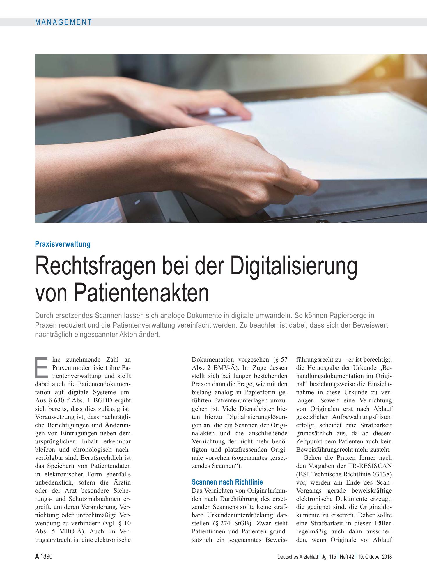 Vorschauseite 1: Praxisverwaltung: Rechtsfragen bei der Digitalisierung von Patientenakten – Deutsches Ärzteblatt