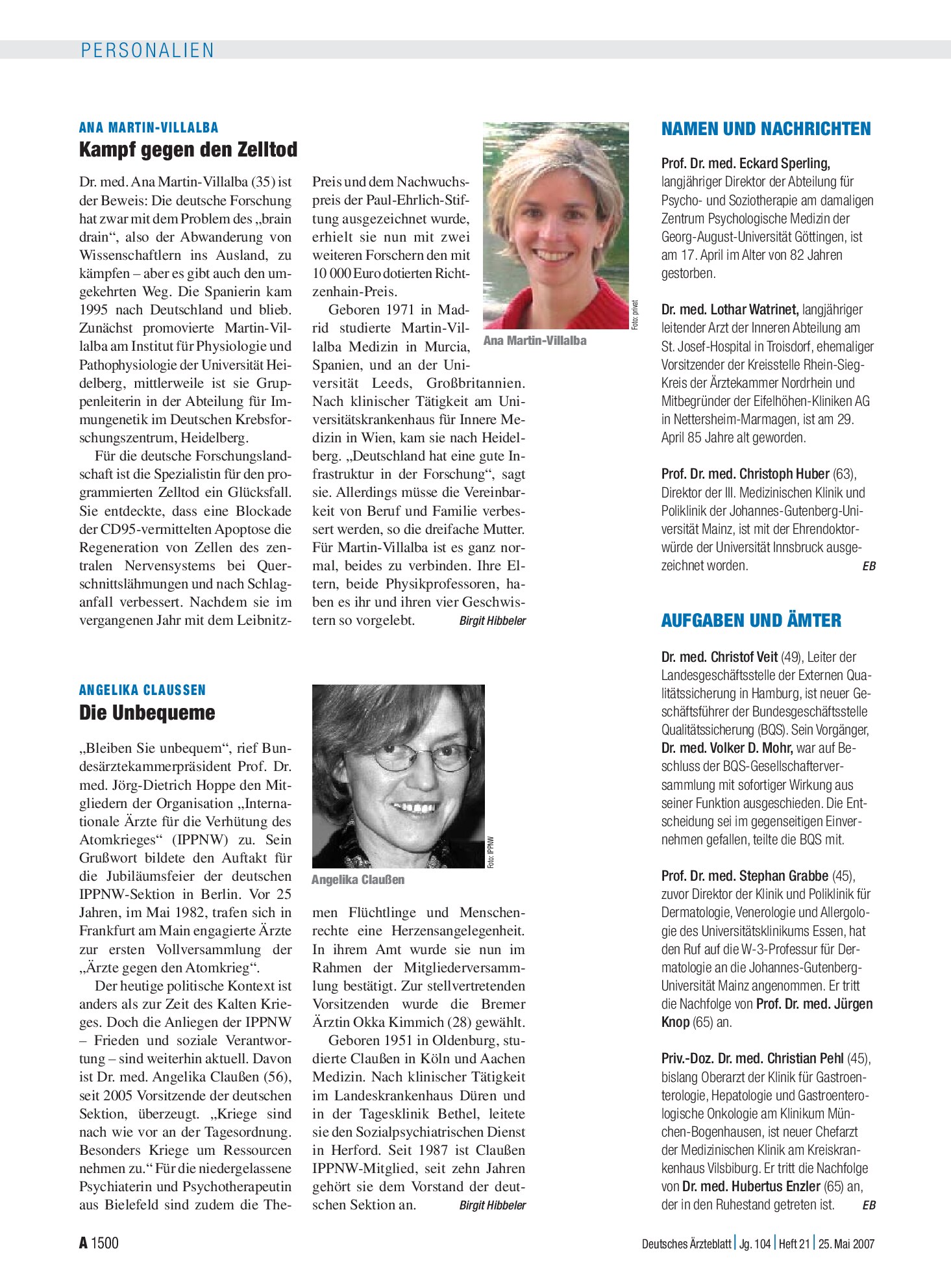 Vorschauseite 1: Namen und Nachrichten – Deutsches Ärzteblatt
