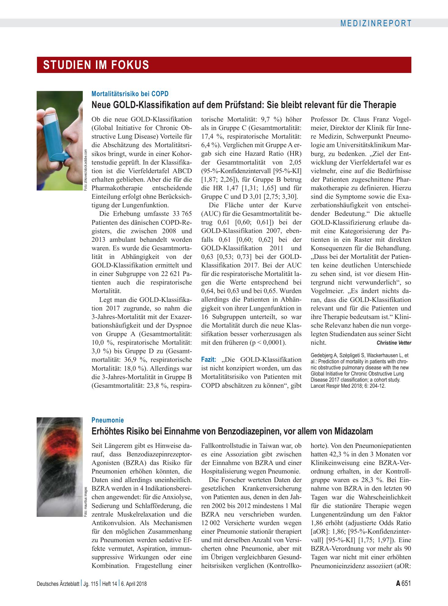 Vorschauseite 1: Pneumonie: Erhöhtes Risiko bei Einnahme von Benzodiazepinen, vor allem von Midazolam – Deutsches Ärzteblatt