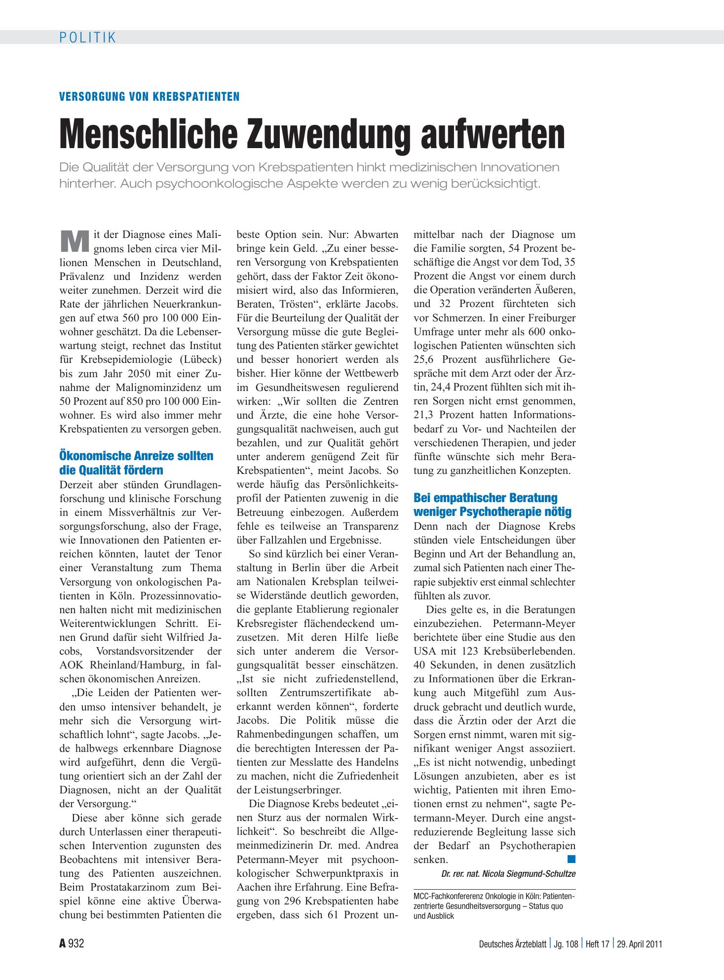 Vorschauseite 1: Versorgung von Krebspatienten: Menschliche Zuwendung aufwerten – Deutsches Ärzteblatt