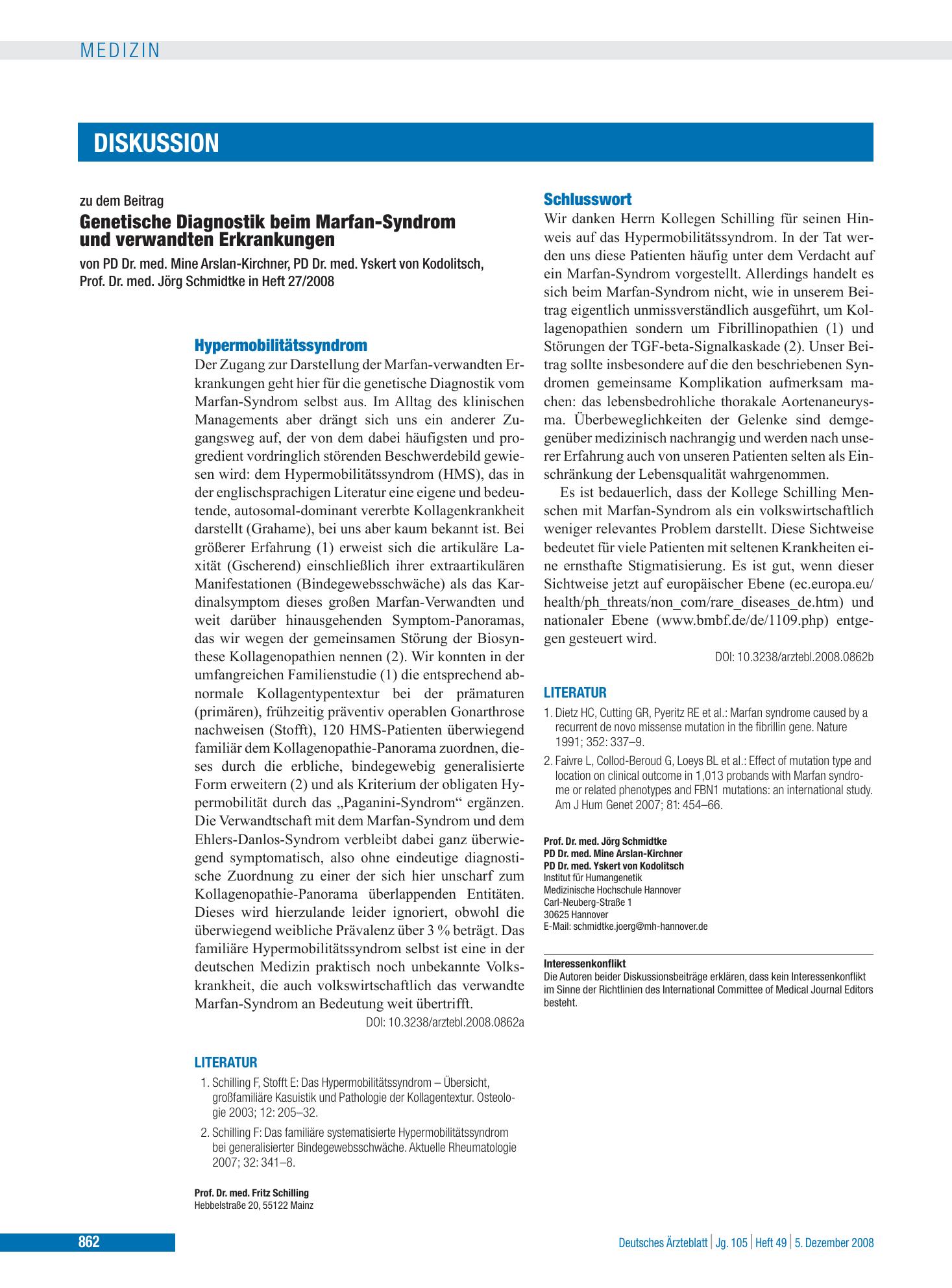 Vorschauseite 1: Genetische Diagnostik beim Marfan-Syndrom und verwandten Erkrankungen: Schlusswort – Deutsches Ärzteblatt