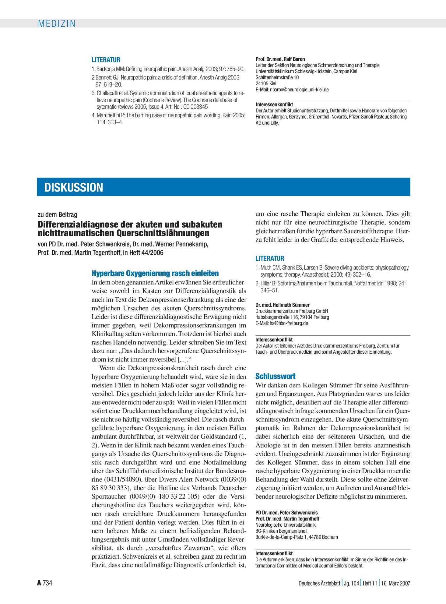 Vorschauseite 1: Differenzialdiagnose der akuten und subakuten nichttraumatischen Querschnittslähmungen: Schlusswort – Deutsches Ärzteblatt