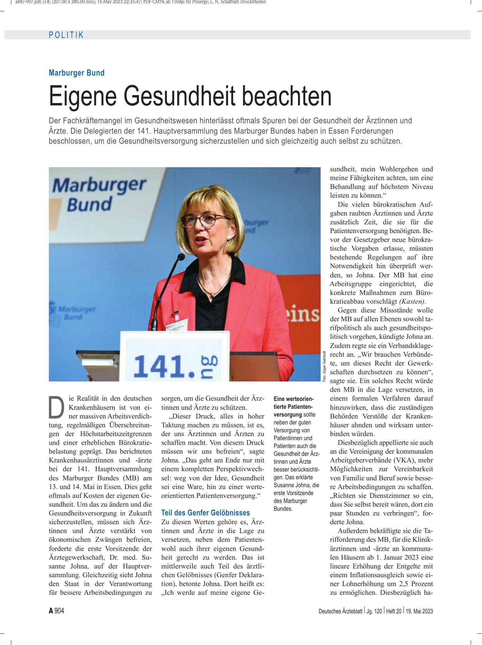 Vorschauseite 1: Marburger Bund: Eigene Gesundheit beachten – Deutsches Ärzteblatt