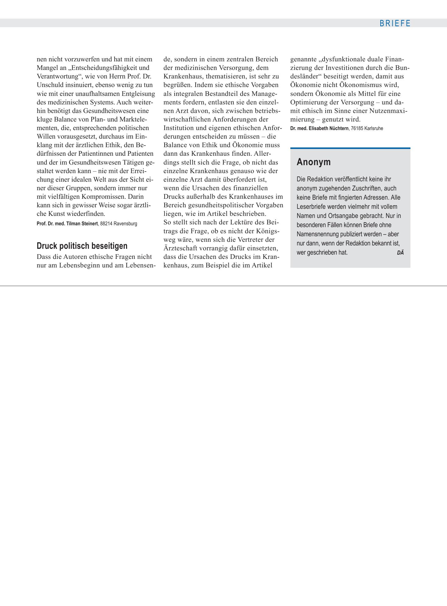 Vorschauseite 1: Ökonomisierung: Druck politisch beseitigen – Deutsches Ärzteblatt