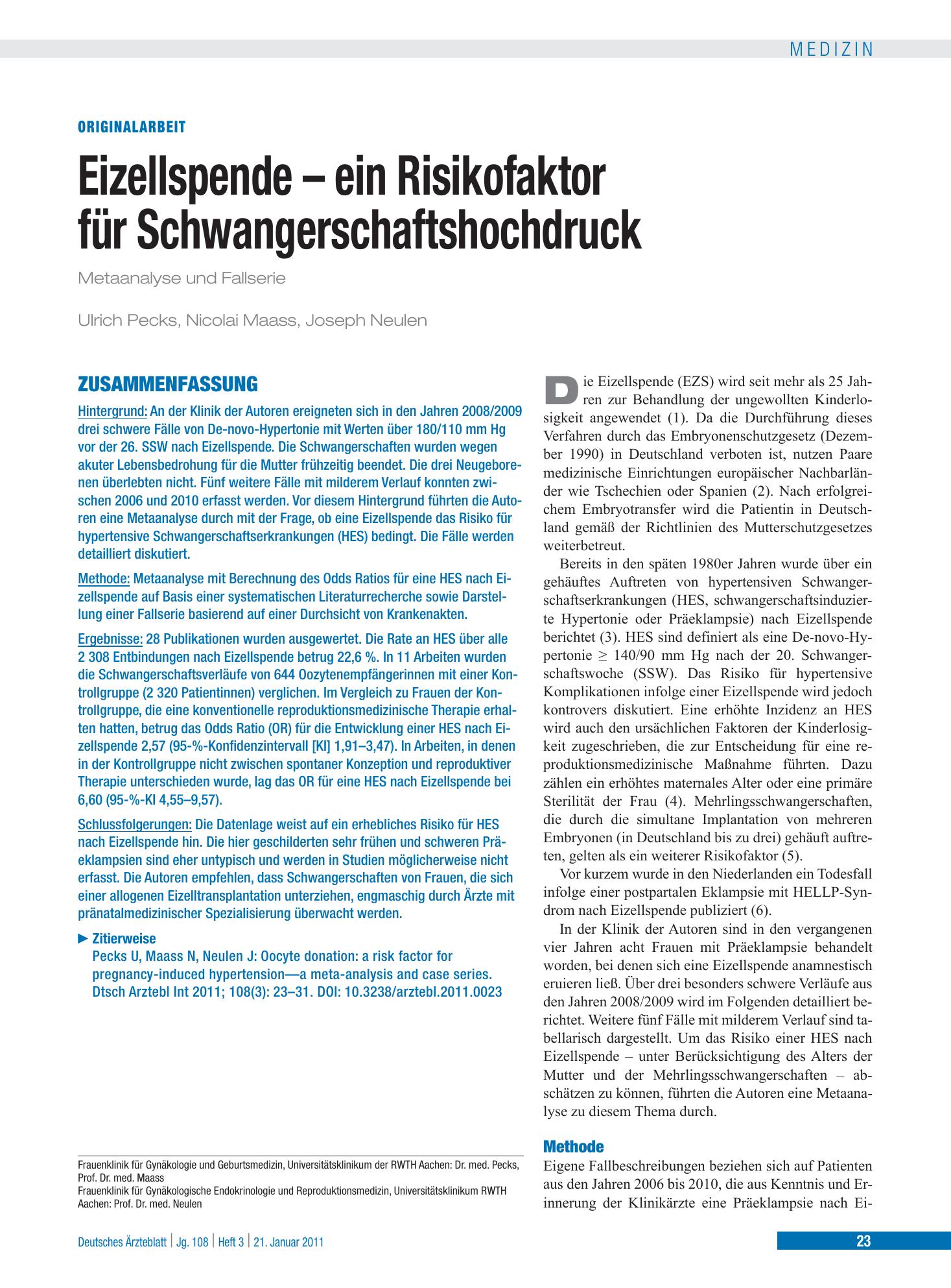 Vorschauseite 1: Eizellspende – ein Risikofaktor für Schwangerschaftshochdruck – Deutsches Ärzteblatt