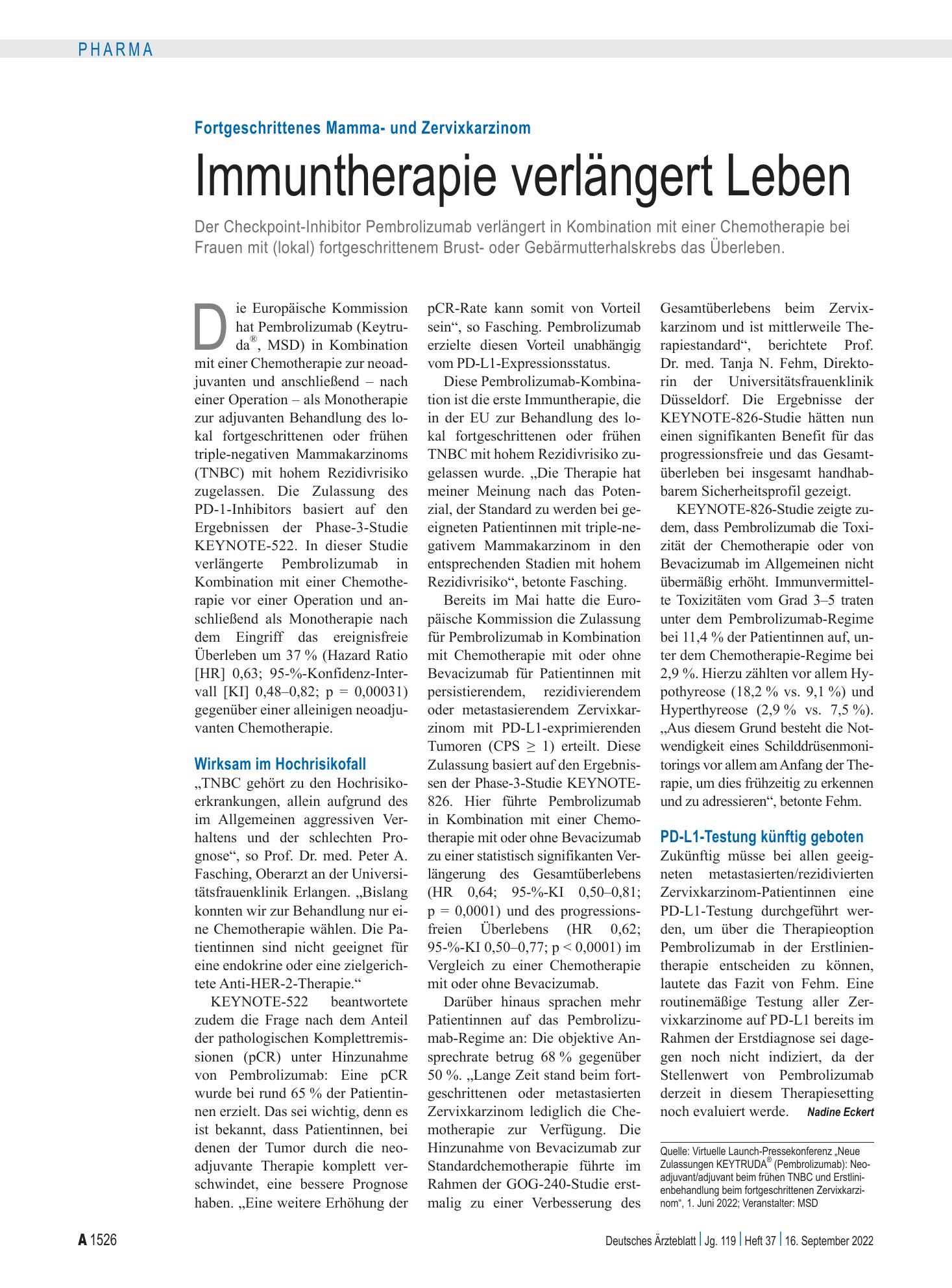 Vorschauseite 1: Fortgeschrittenes Mamma- und Zervixkarzinom: Immuntherapie verlängert Leben – Deutsches Ärzteblatt