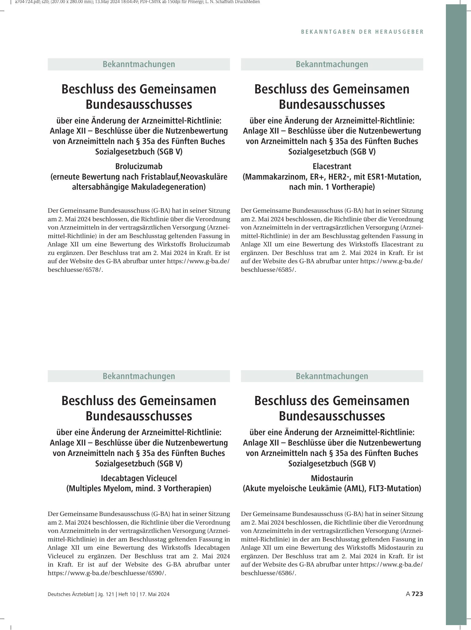 Vorschauseite 1: Beschluss des Gemeinsamen Bundesausschusses über eine Änderung der Arzneimittel-Richtlinie: Midostaurin (Akute myeloische Leukämie (AML), FLT3-Mutation) – Deutsches Ärzteblatt