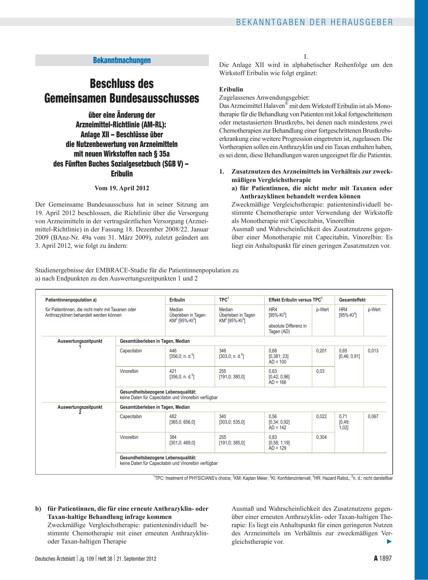 Vorschauseite 1: Beschluss des Gemeinsamen Bundesausschusses über eine Änderung der Arzneimittel-Richtlinie (AM-RL): Anlage XII – Beschlüsse über die Nutzenbewertung von Arzneimitteln mit neuen Wi…