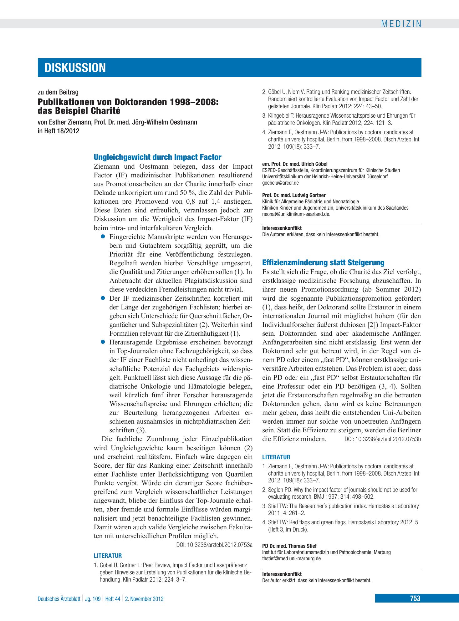 Vorschauseite 1: Ungleichgewicht durch Impact Factor – Deutsches Ärzteblatt
