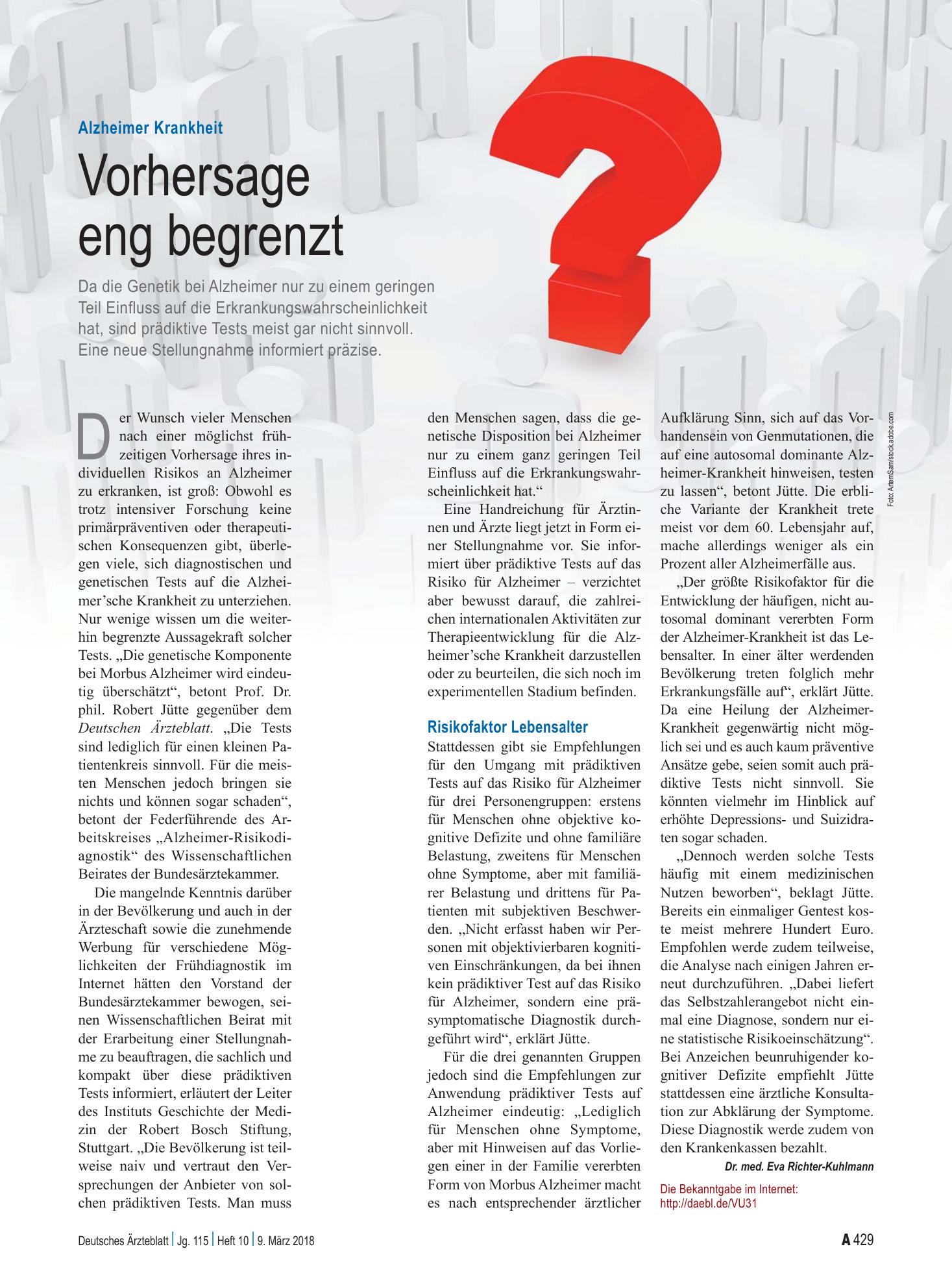 Vorschauseite 1: Alzheimer Krankheit: Vorhersage eng begrenzt – Deutsches Ärzteblatt
