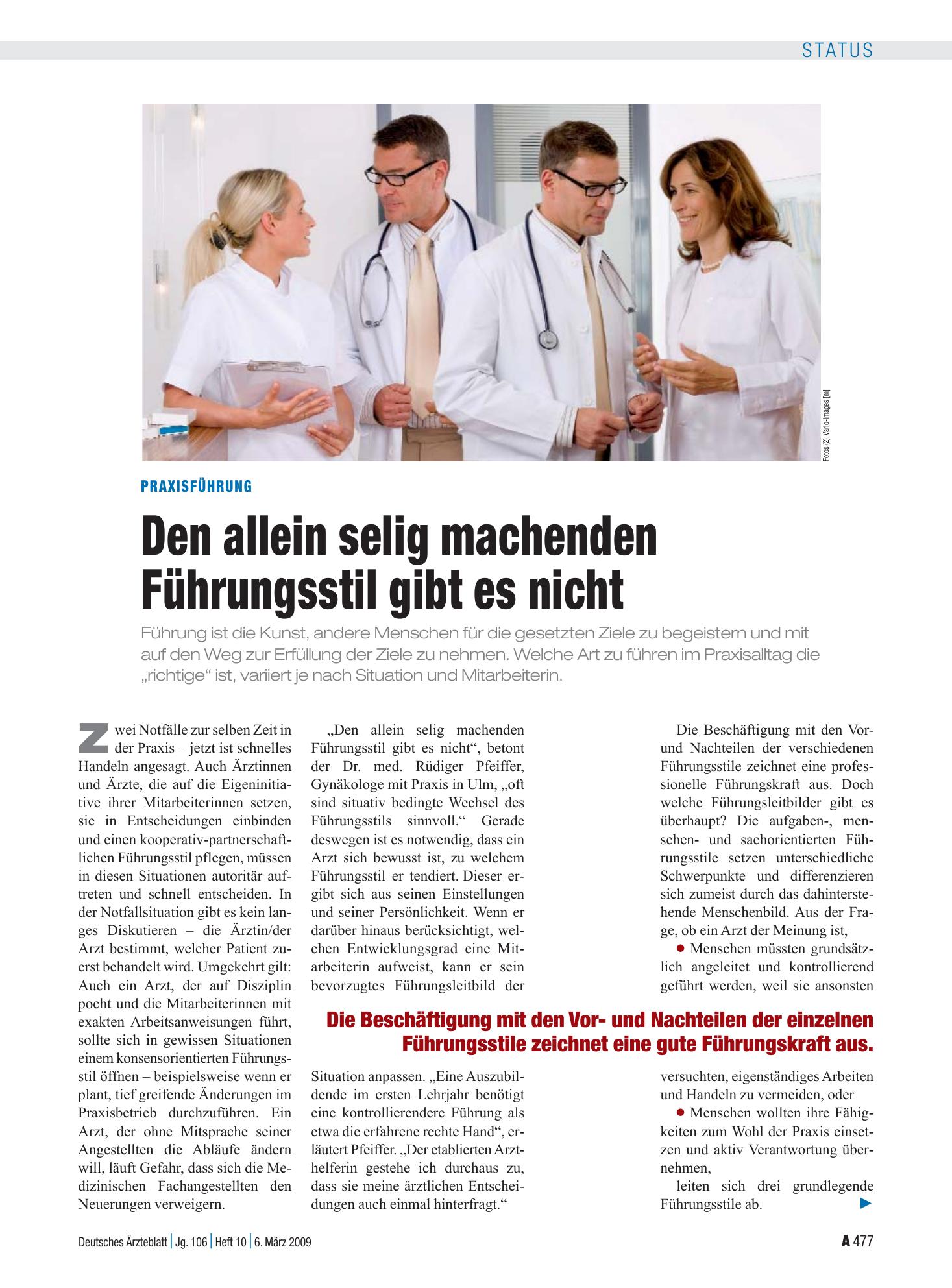 Vorschauseite 1: Praxisführung: Den allein selig machenden Führungsstil gibt es nicht – Deutsches Ärzteblatt