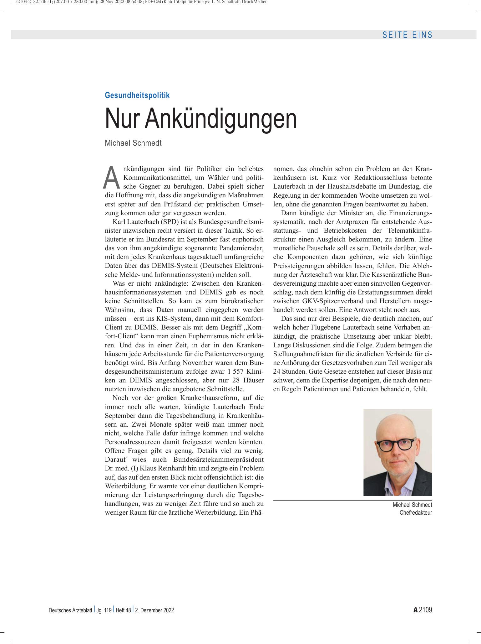 Vorschauseite 1: Gesundheitspolitik: Nur Ankündigungen – Deutsches Ärzteblatt