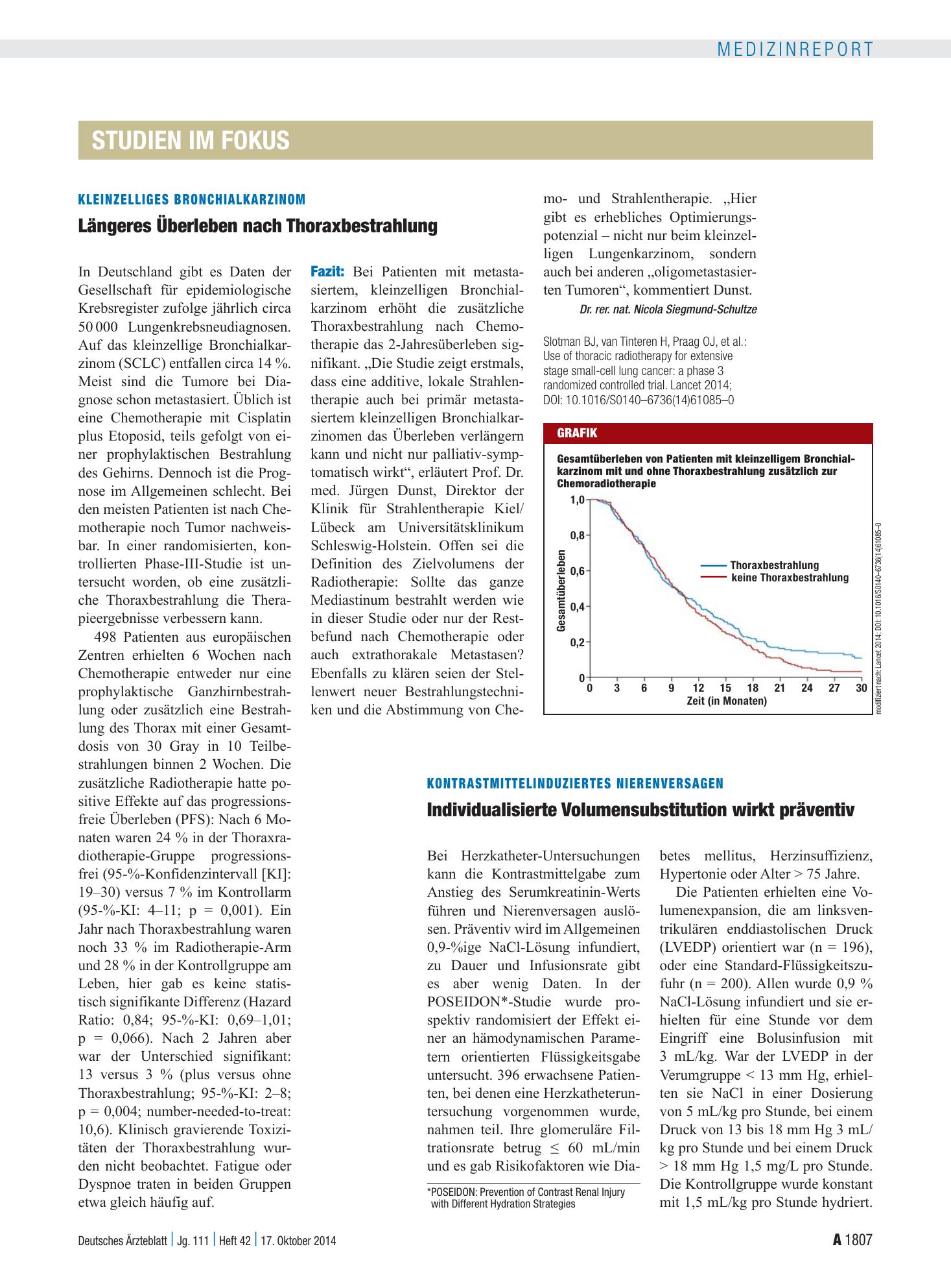 Vorschauseite 1: Kleinzelliges Bronchialkarzinom: Längeres Überleben nach Thoraxbestrahlung – Deutsches Ärzteblatt