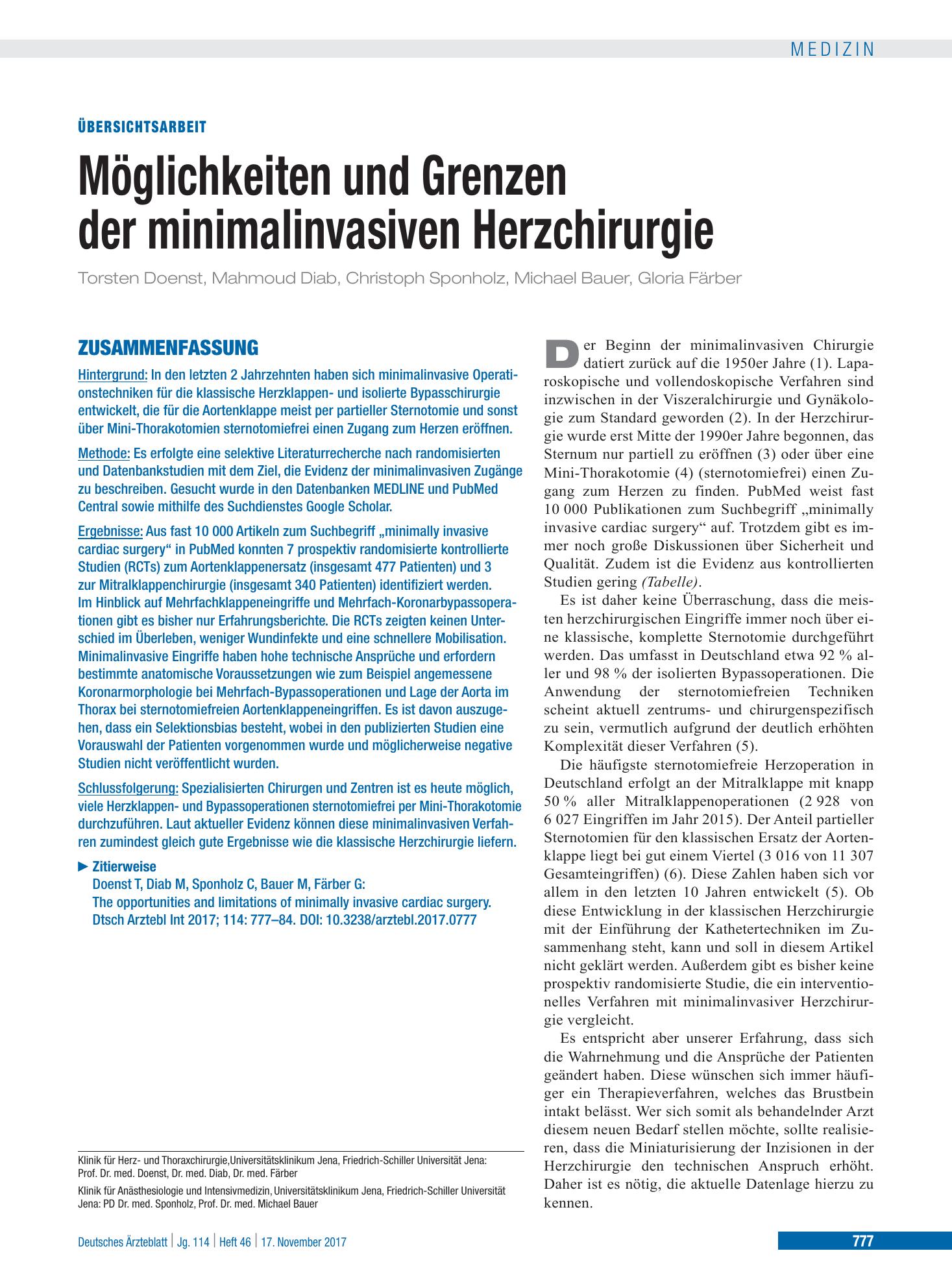 Vorschauseite 1: Möglichkeiten und Grenzen der minimalinvasiven Herzchirurgie – Deutsches Ärzteblatt