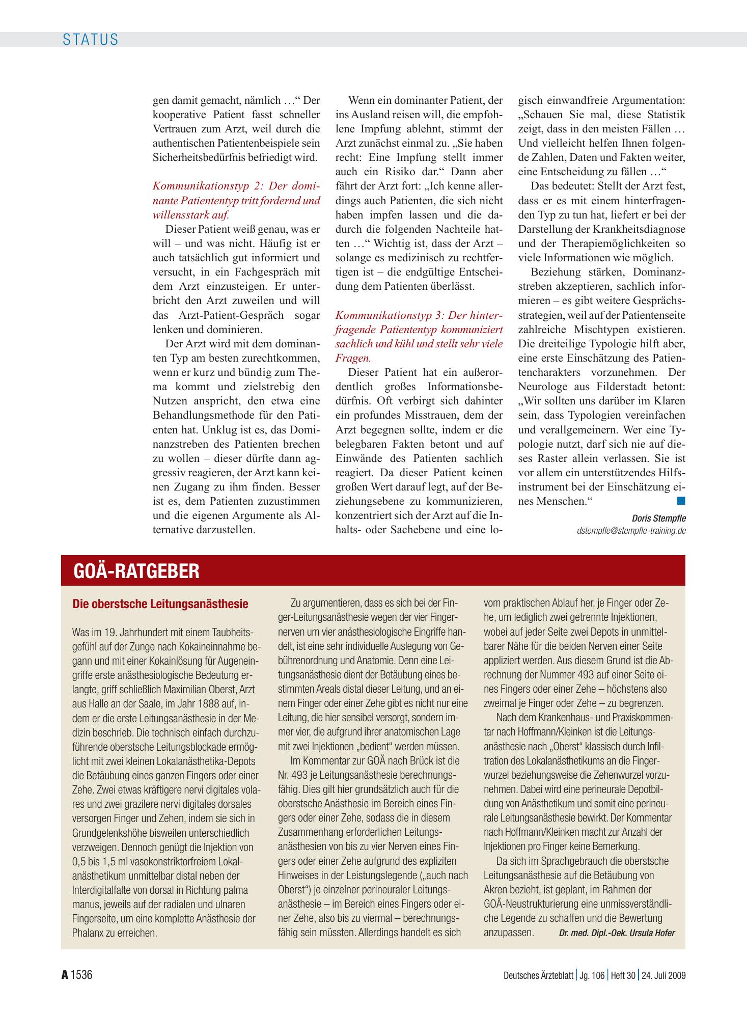 Vorschauseite 1: Die oberstsche Leitungsanästhesie – Deutsches Ärzteblatt