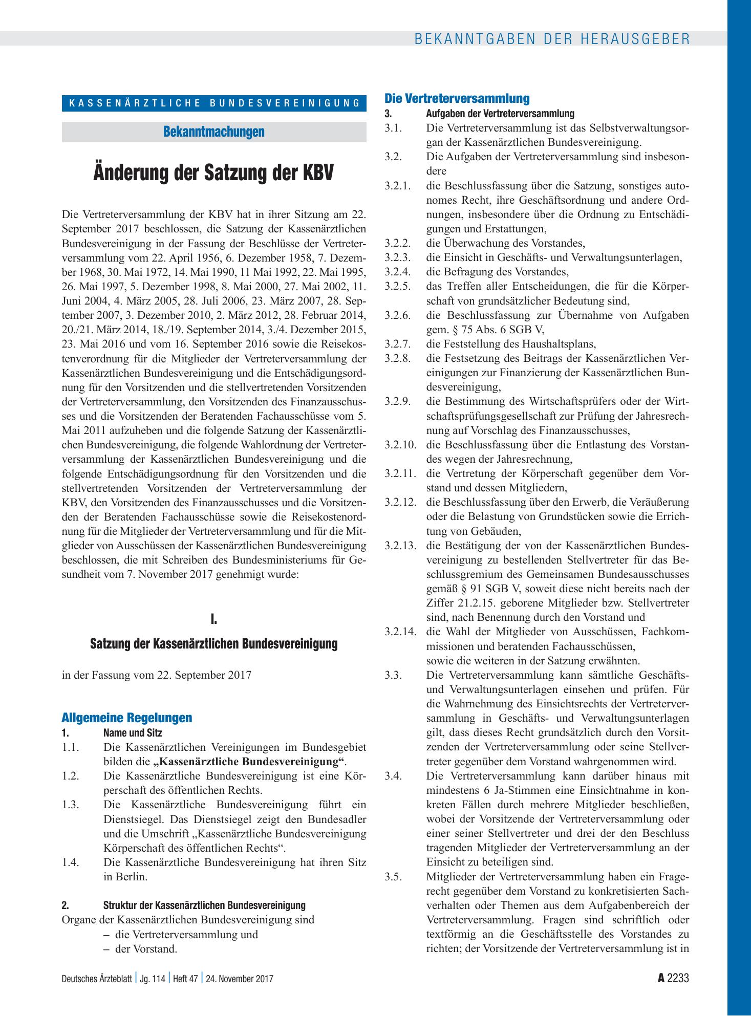 Vorschauseite 1: Änderung der Satzung der KBV – Deutsches Ärzteblatt