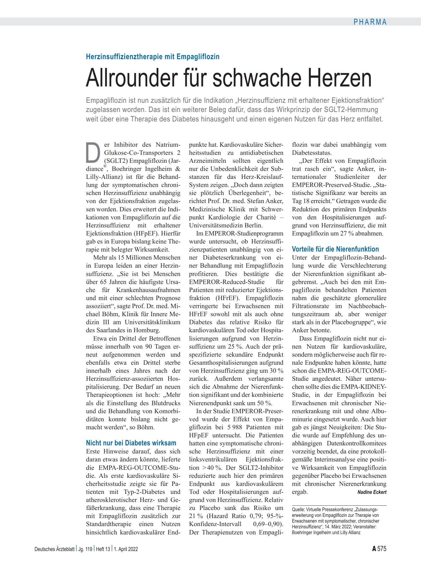 Vorschauseite 1: Herzinsuffizienztherapie mit Empagliflozin: Allrounder für schwache Herzen – Deutsches Ärzteblatt