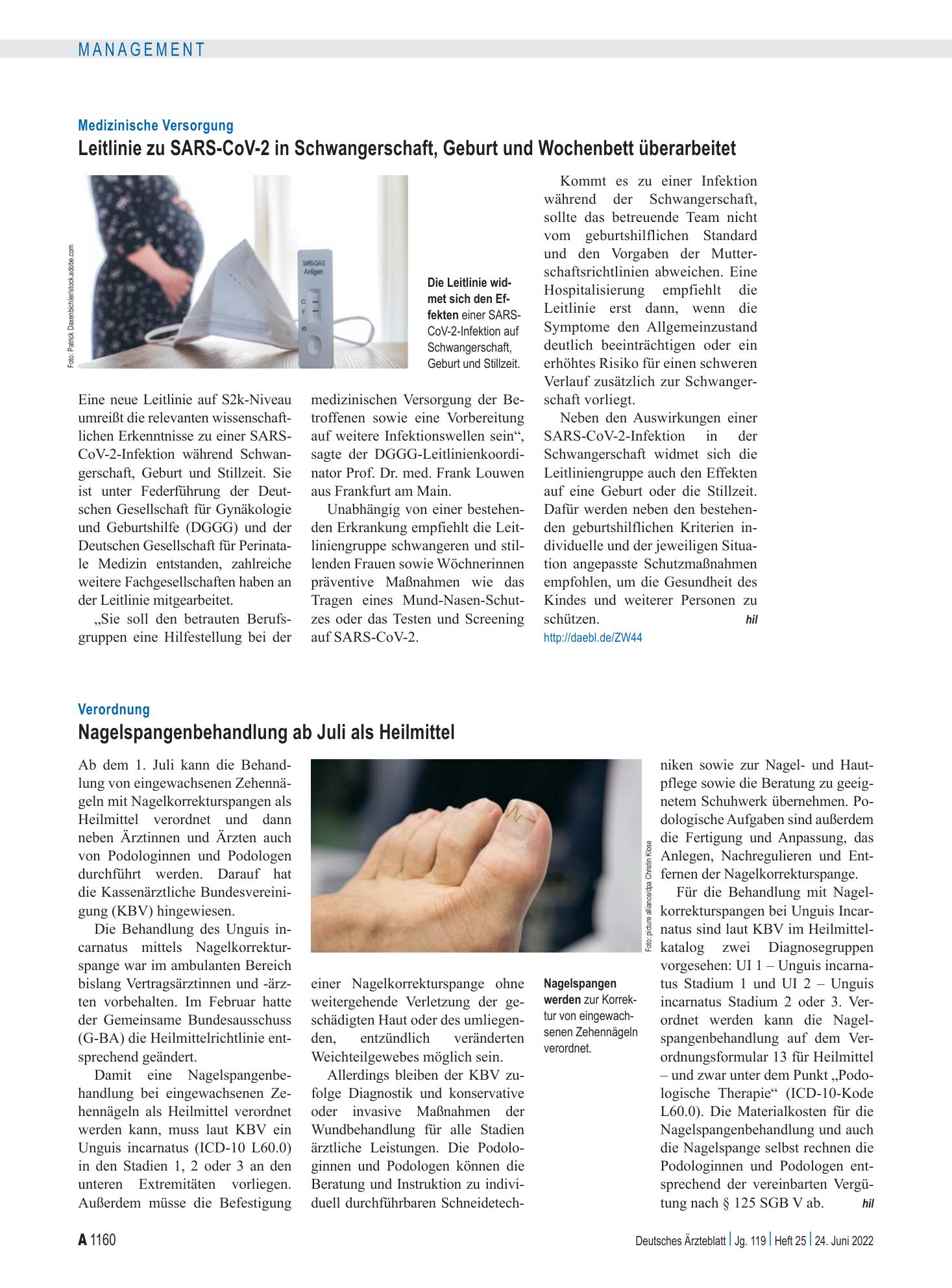 Vorschauseite 1: Verordnung: Nagelspangenbehandlung ab Juli als Heilmittel – Deutsches Ärzteblatt