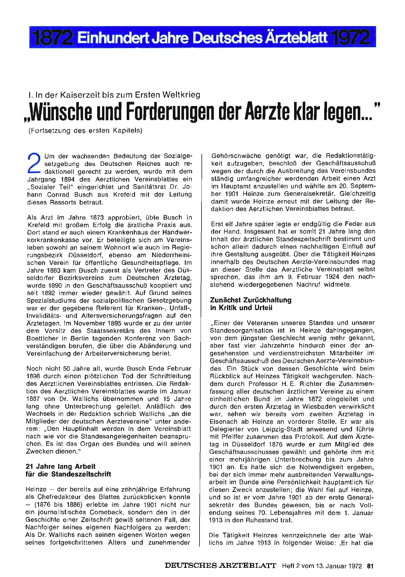 Vorschauseite 1: I. In der Kaiserzeit bis zum Ersten Weltkrieg: "Wünsche und Forderungen der Aerzte klar legen. .. "