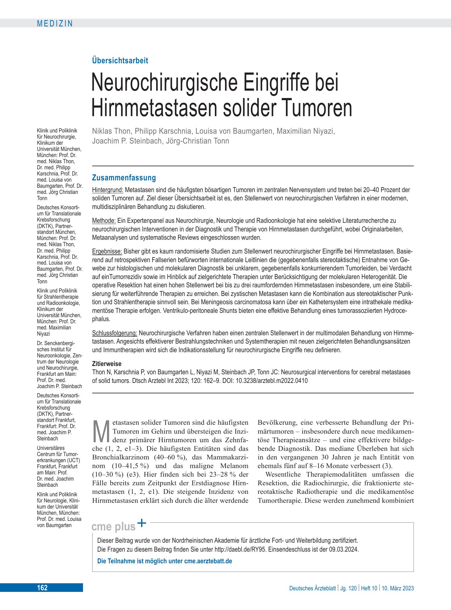 Vorschauseite 1: Neurochirurgische Eingriffe bei Hirnmetastasen solider Tumoren – Deutsches Ärzteblatt