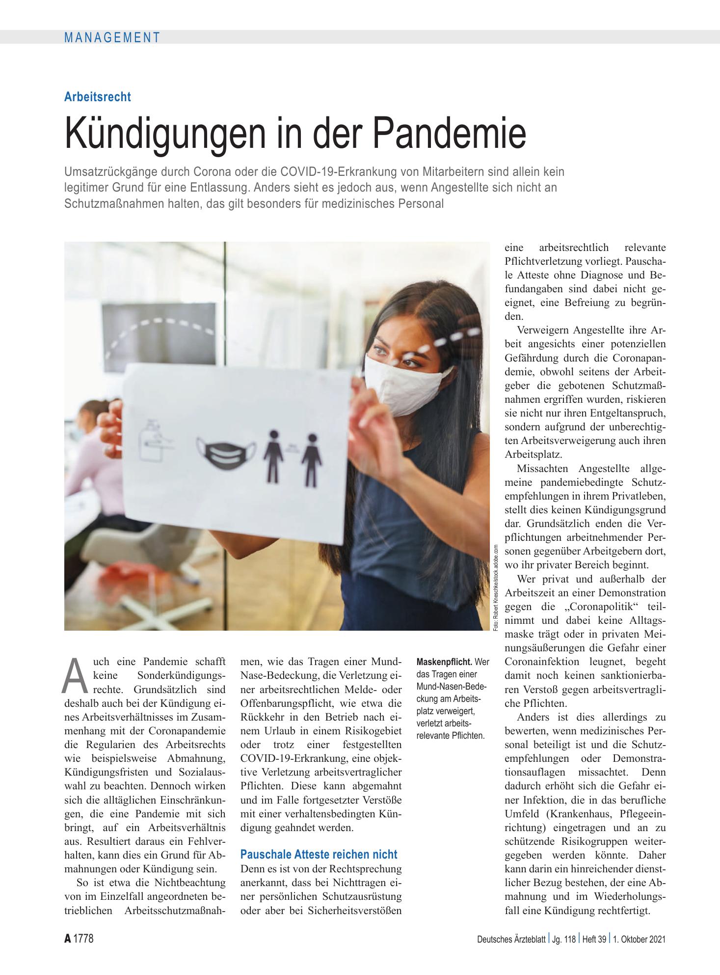 Vorschauseite 1: Arbeitsrecht: Kündigungen in der Pandemie – Deutsches Ärzteblatt