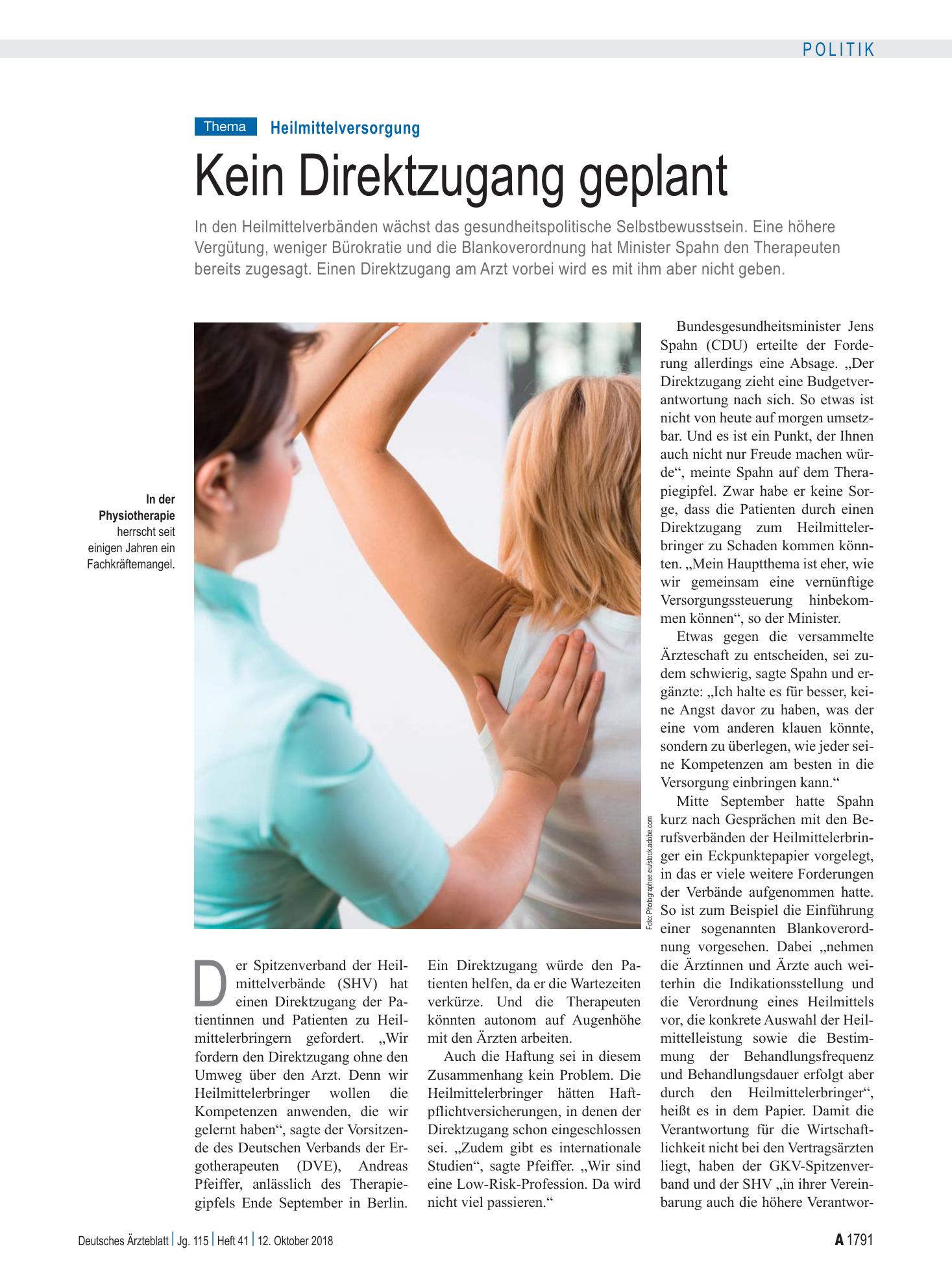 Vorschauseite 1: Heilmittelversorgung: Kein Direktzugang geplant – Deutsches Ärzteblatt