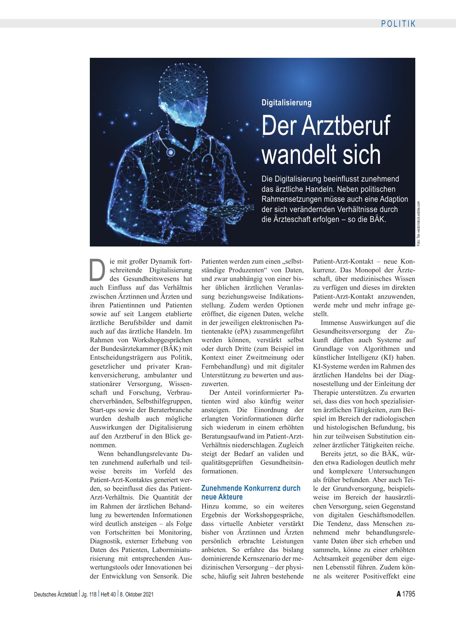 Vorschauseite 1: Digitalisierung: Der Arztberuf wandelt sich – Deutsches Ärzteblatt