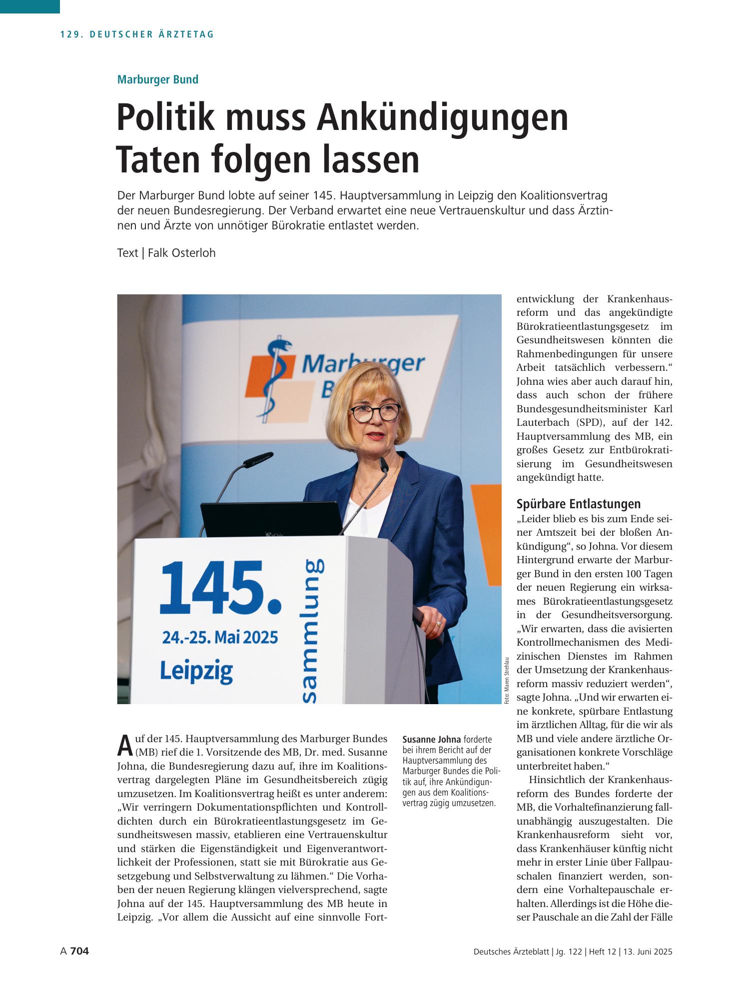 Vorschauseite 1: Marburger Bund: Politik muss Ankündigungen Taten folgen lassen – Deutsches Ärzteblatt