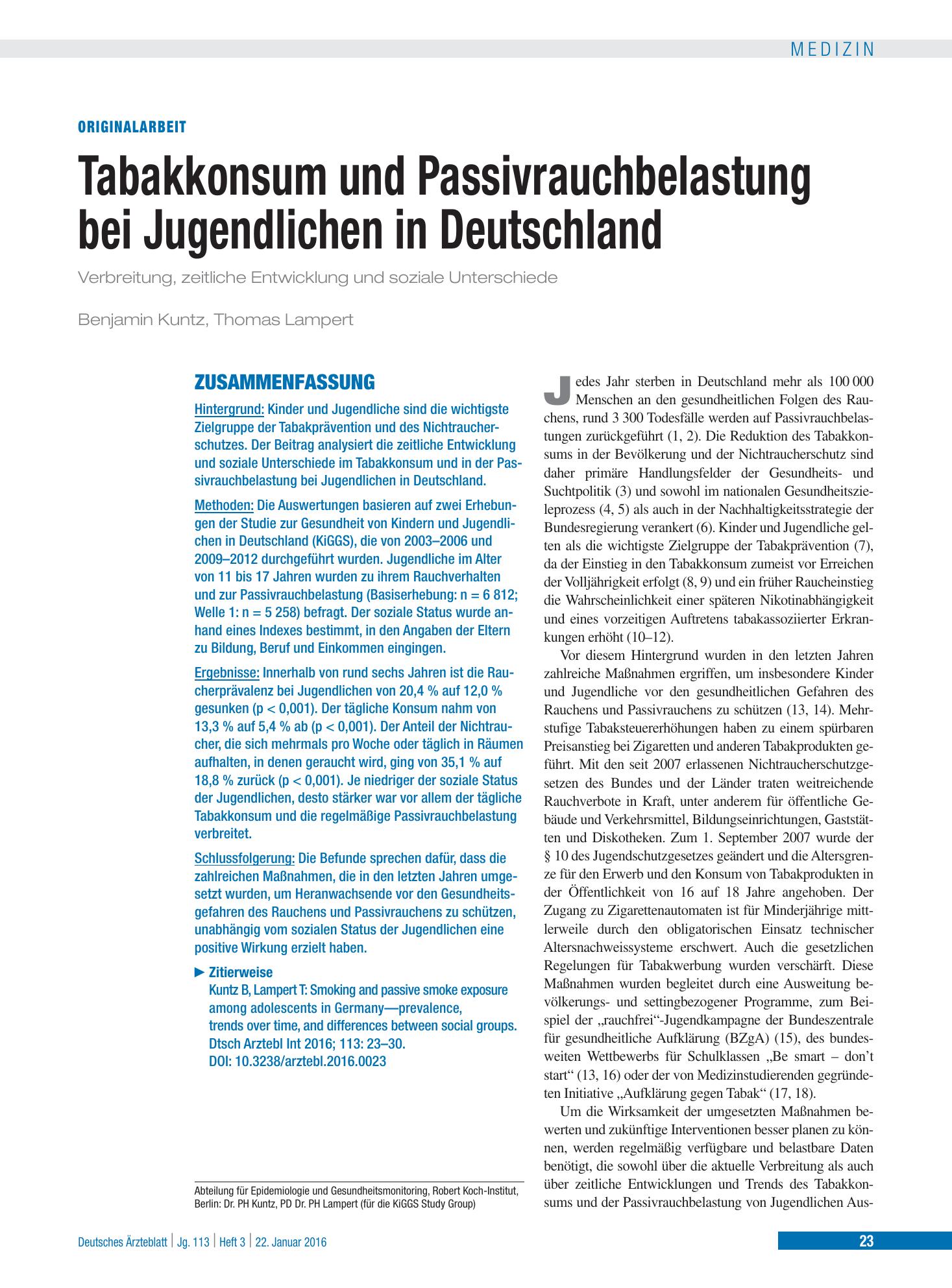 Vorschauseite 1: Tabakkonsum und Passivrauchbelastung bei Jugendlichen in Deutschland – Deutsches Ärzteblatt