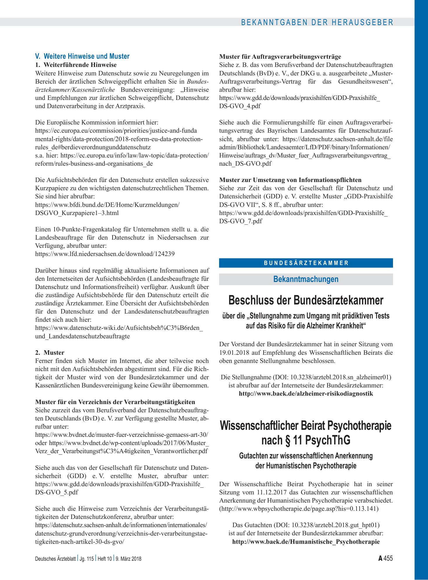 Vorschauseite 1: Beschluss der Bundesärztekammer über die „Stellungnahme zum Umgang mit prädiktiven Tests auf das Risiko für die Alzheimer Krankheit“ – Deutsches Ärzteblatt