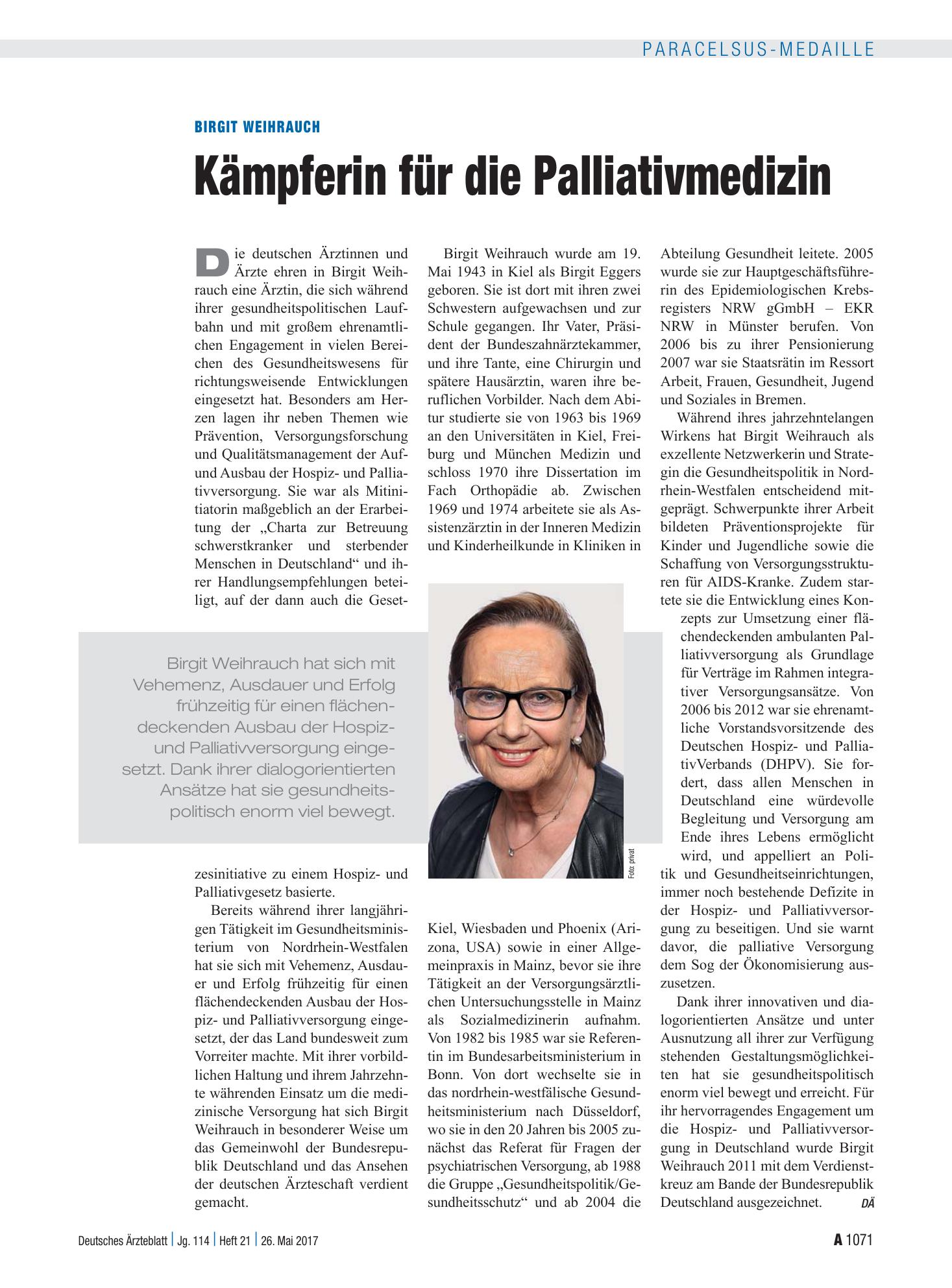 Vorschauseite 1: Birgit Weihrauch: Kämpferin für die Palliativmedizin – Deutsches Ärzteblatt