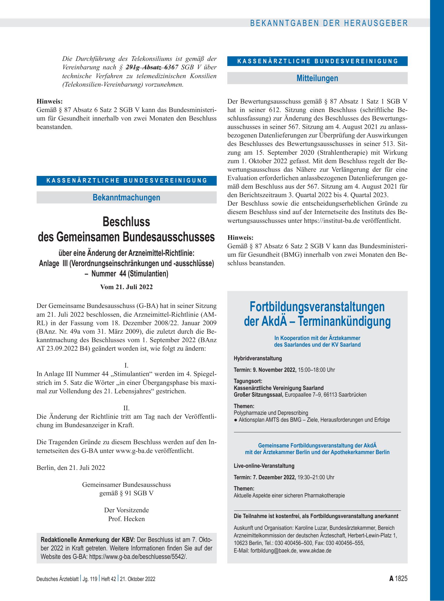 Vorschauseite 1: Mitteilungen – Deutsches Ärzteblatt
