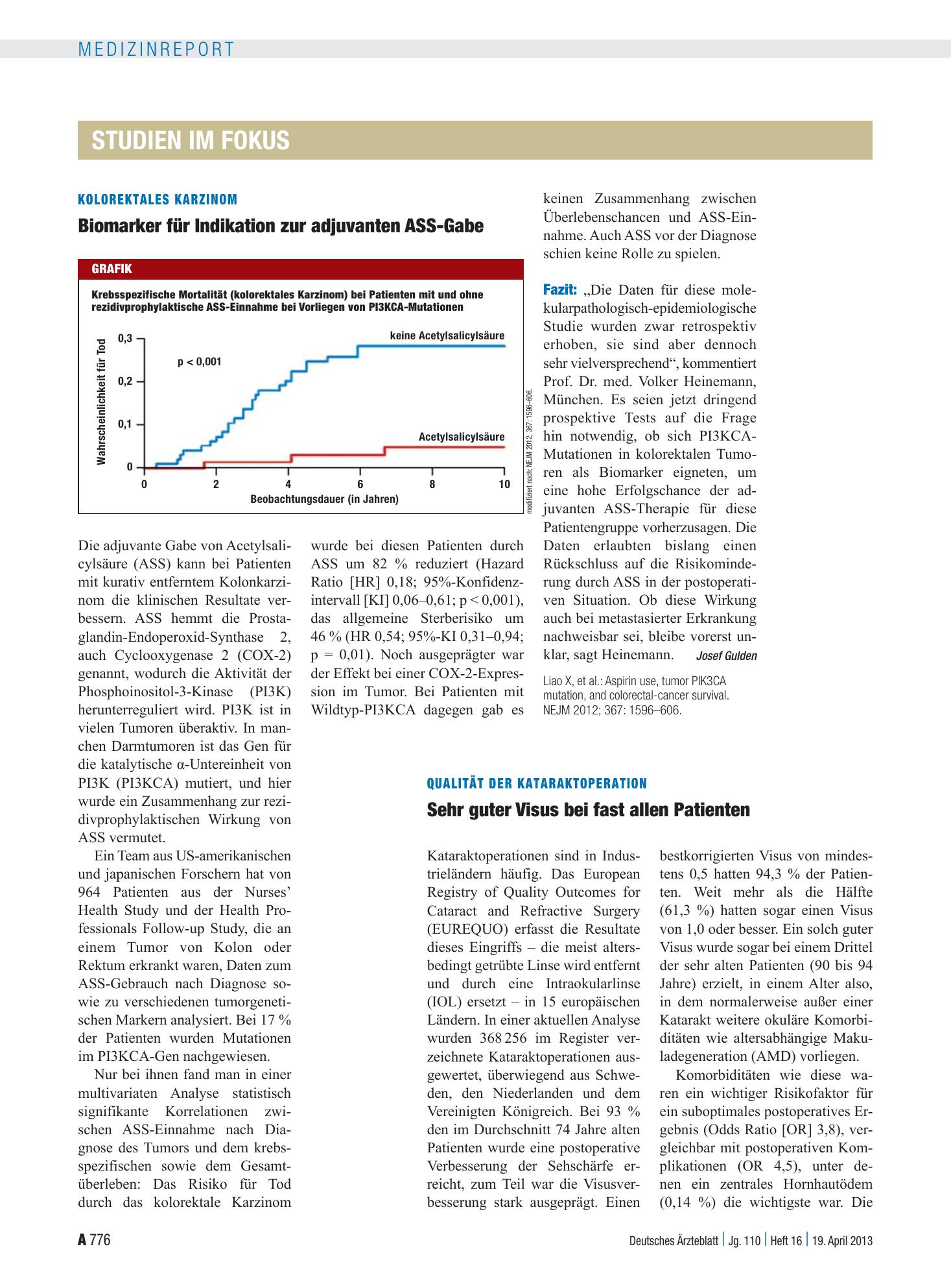 Vorschauseite 1: Kolorektales Karzinom: Biomarker für Indikation zur adjuvanten ASS-Gabe – Deutsches Ärzteblatt