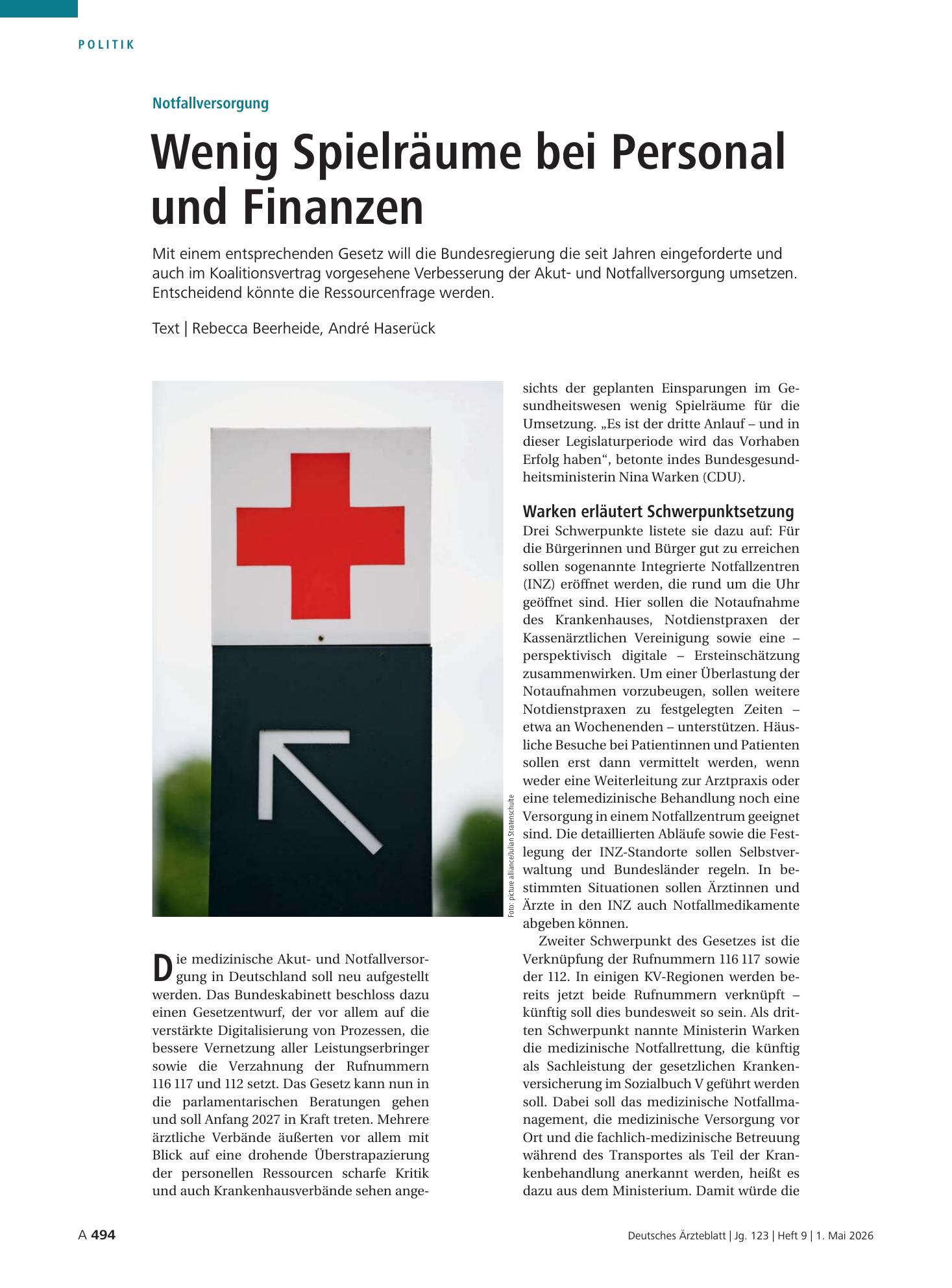 Vorschauseite 1: Notfallversorgung: Wenig Spielräume bei Personal und Finanzen – Deutsches Ärzteblatt