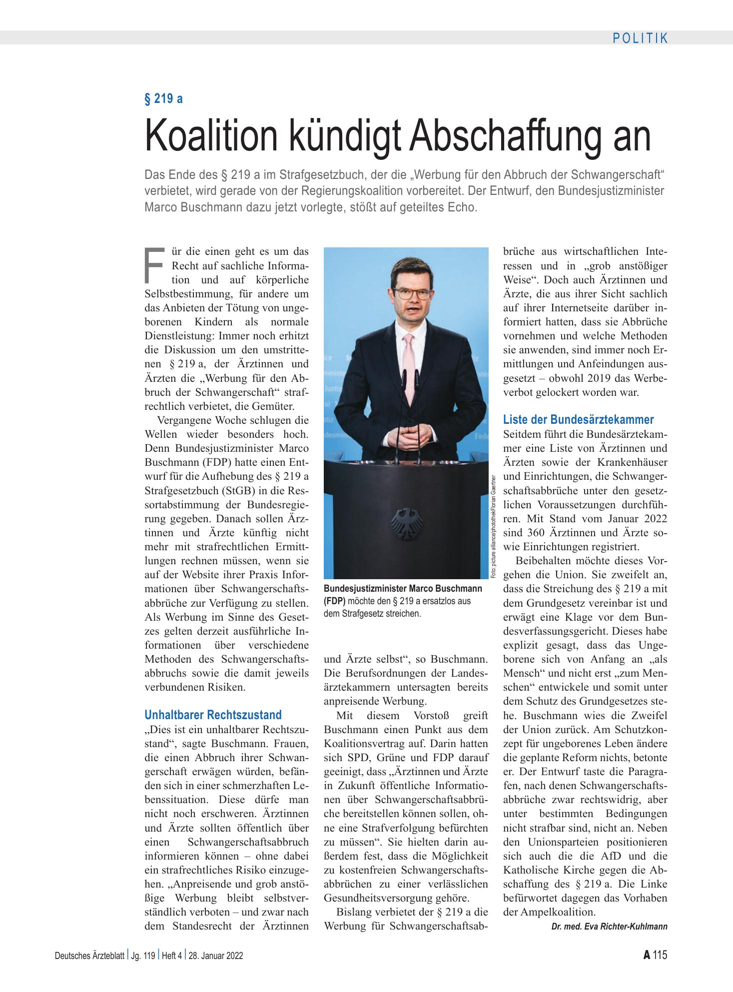 Vorschauseite 1: § 219 a: Koalition kündigt Abschaffung an – Deutsches Ärzteblatt