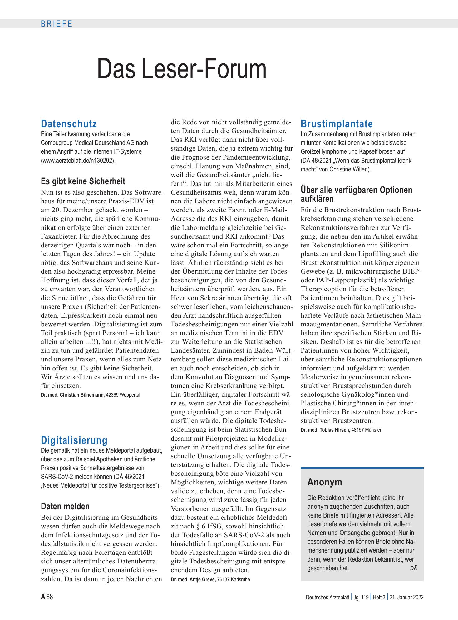 Vorschauseite 1: Digitalisierung: Daten melden – Deutsches Ärzteblatt