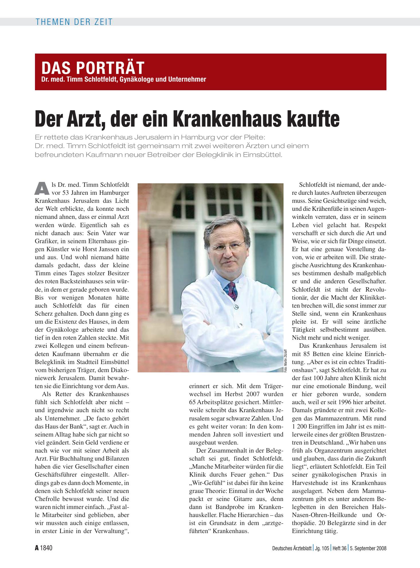 Vorschauseite 1: Das Porträt: Dr. med. Timm Schlotfeldt, Gynäkologe und Unternehmer - der Arzt, der ein Krankenhaus kaufte – Deutsches Ärzteblatt