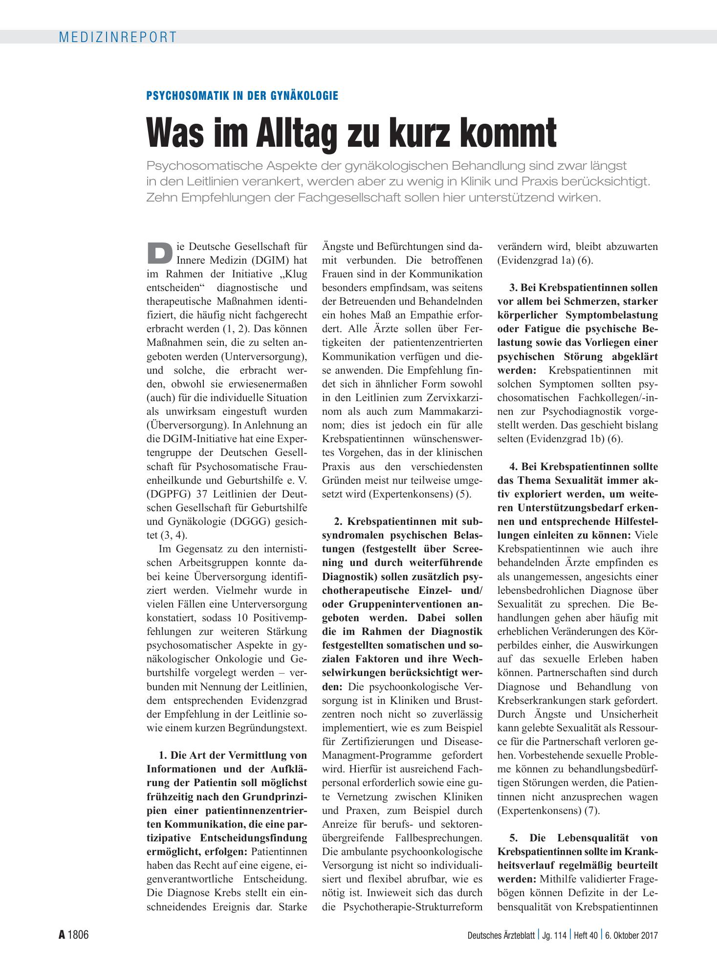 Vorschauseite 1: Psychosomatik in der Gynäkologie: Was im Alltag zu kurz kommt – Deutsches Ärzteblatt