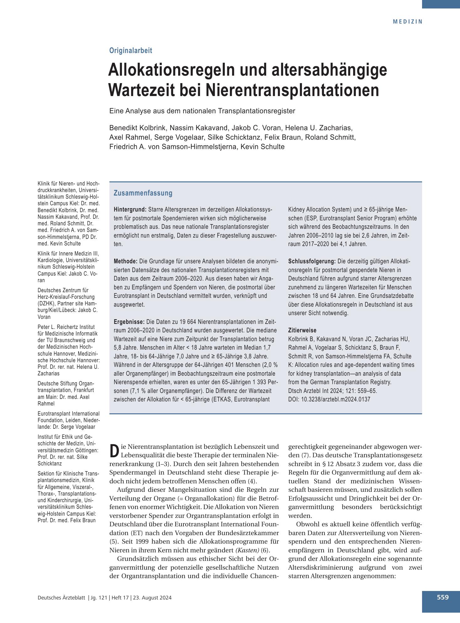 Vorschauseite 1: Allokationsregeln und altersabhängige Wartezeit bei Nierentransplantationen – Deutsches Ärzteblatt
