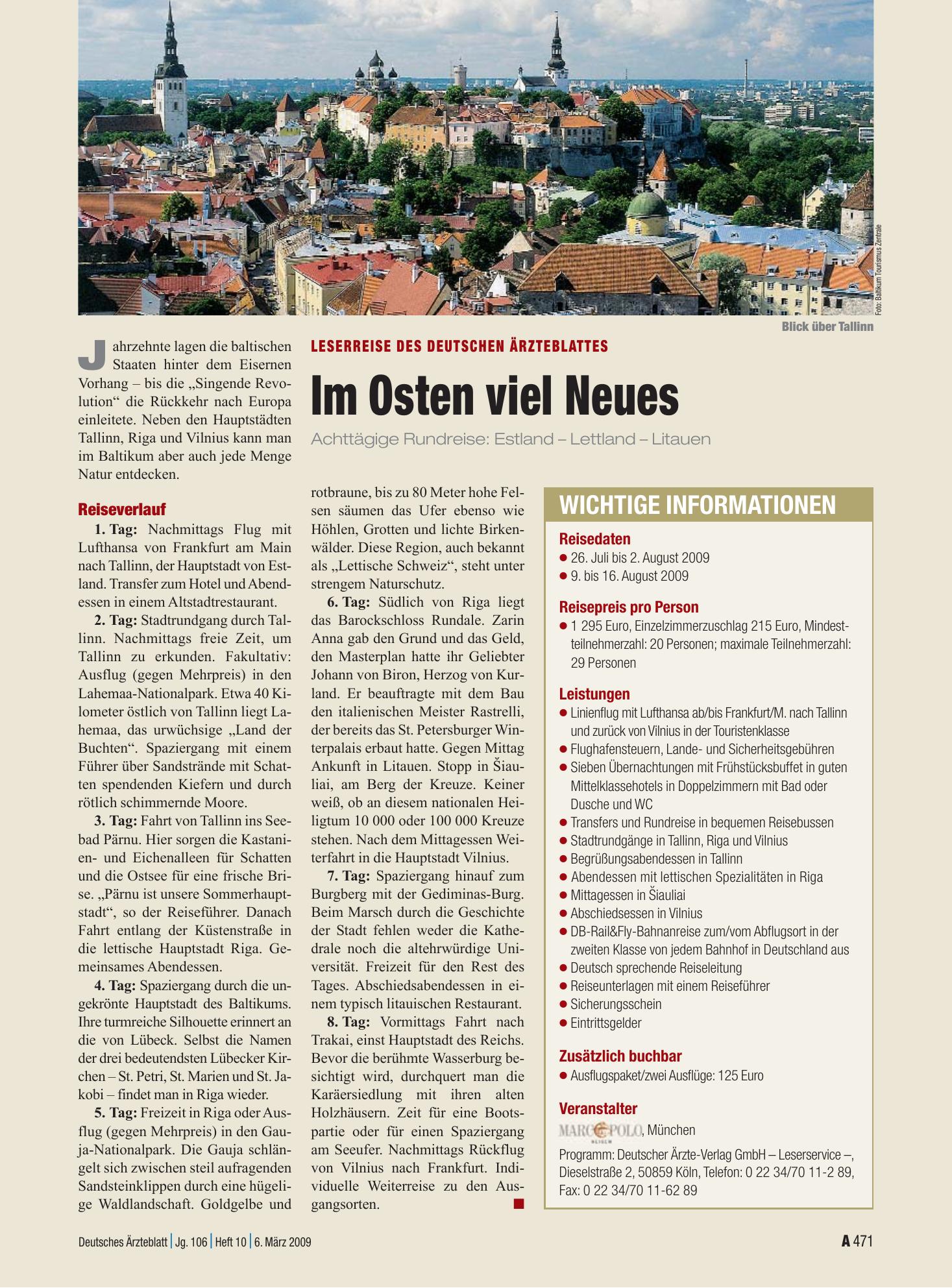 Vorschauseite 1: Im Osten viel Neues - Achttägige Rundreise: Estland – Lettland – Litauen – Deutsches Ärzteblatt