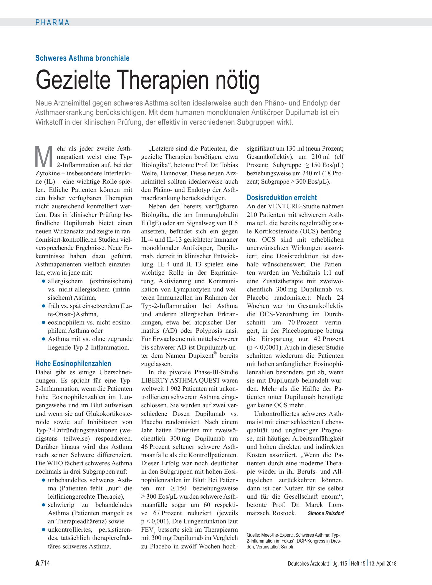 Vorschauseite 1: Schweres Asthma bronchiale: Gezielte Therapien nötig – Deutsches Ärzteblatt