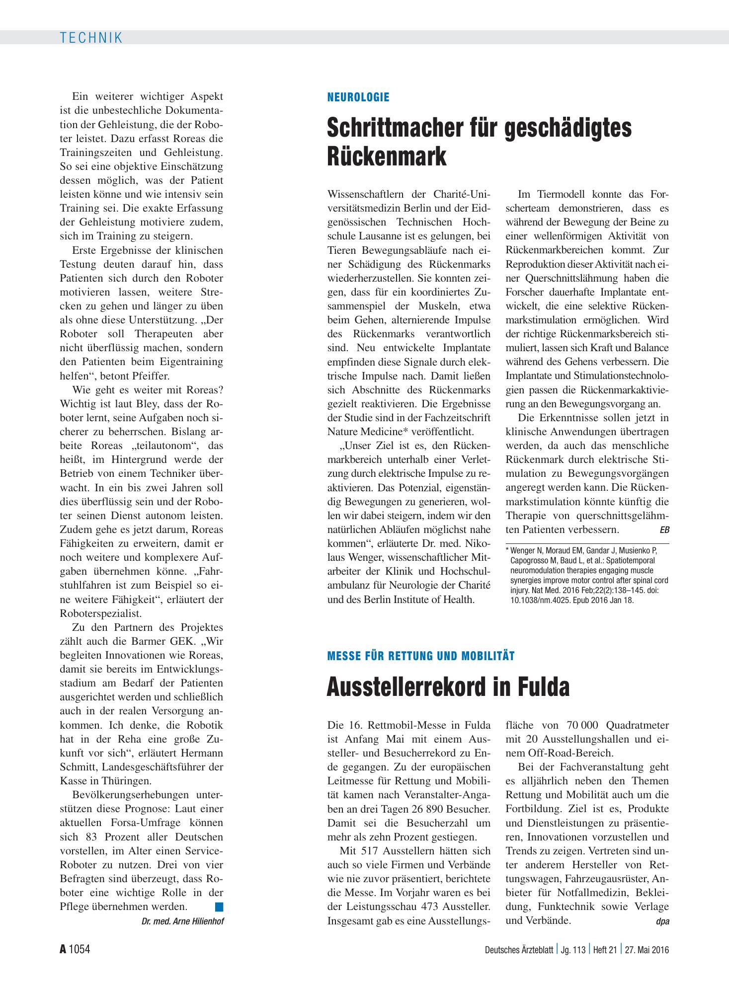 Vorschauseite 1: Neurologie: Schrittmacher für geschädigtes Rückenmark – Deutsches Ärzteblatt