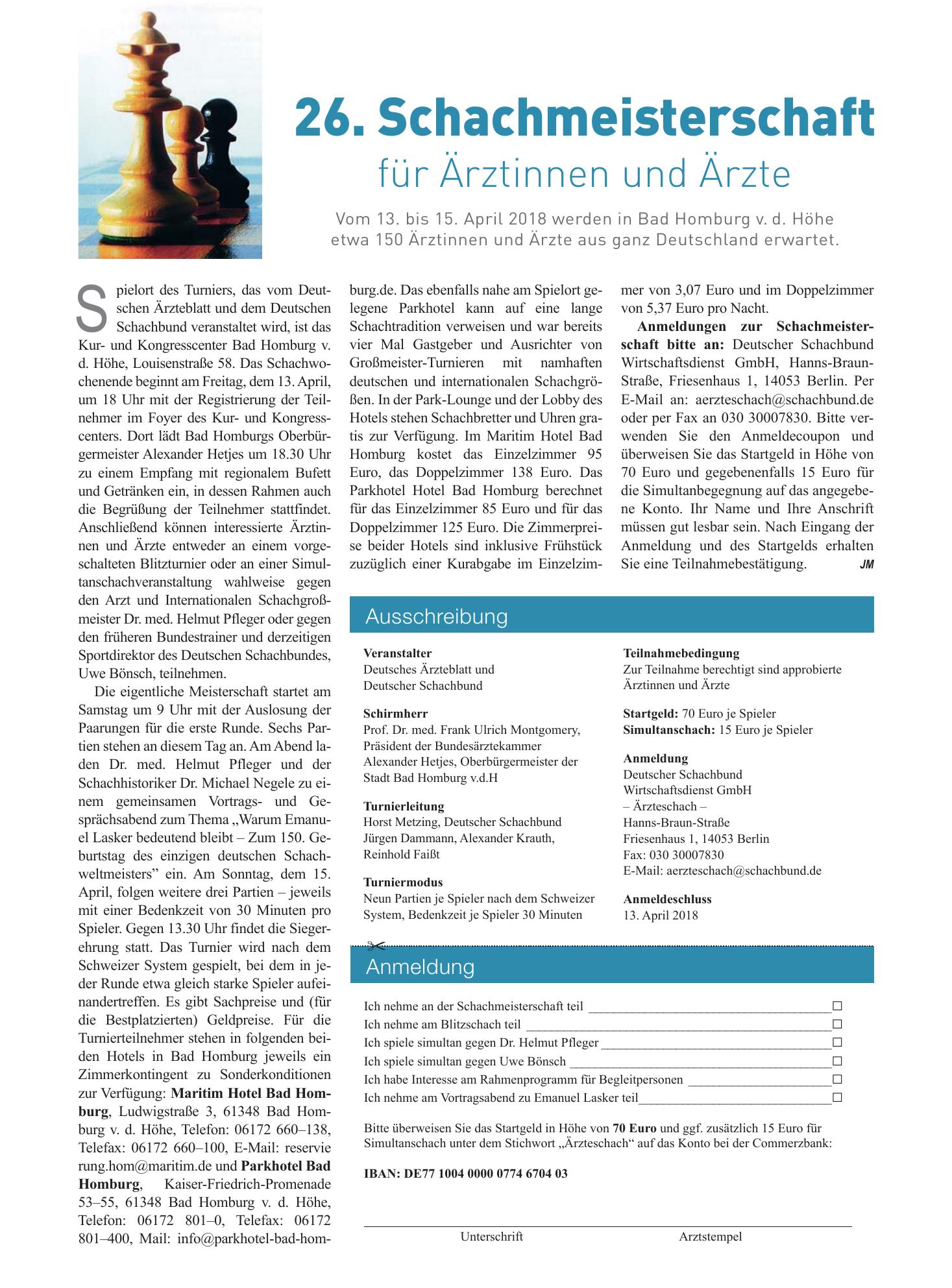 Vorschauseite 1: 26. Schachmeisterschaft für Ärztinnen und Ärzte – Deutsches Ärzteblatt