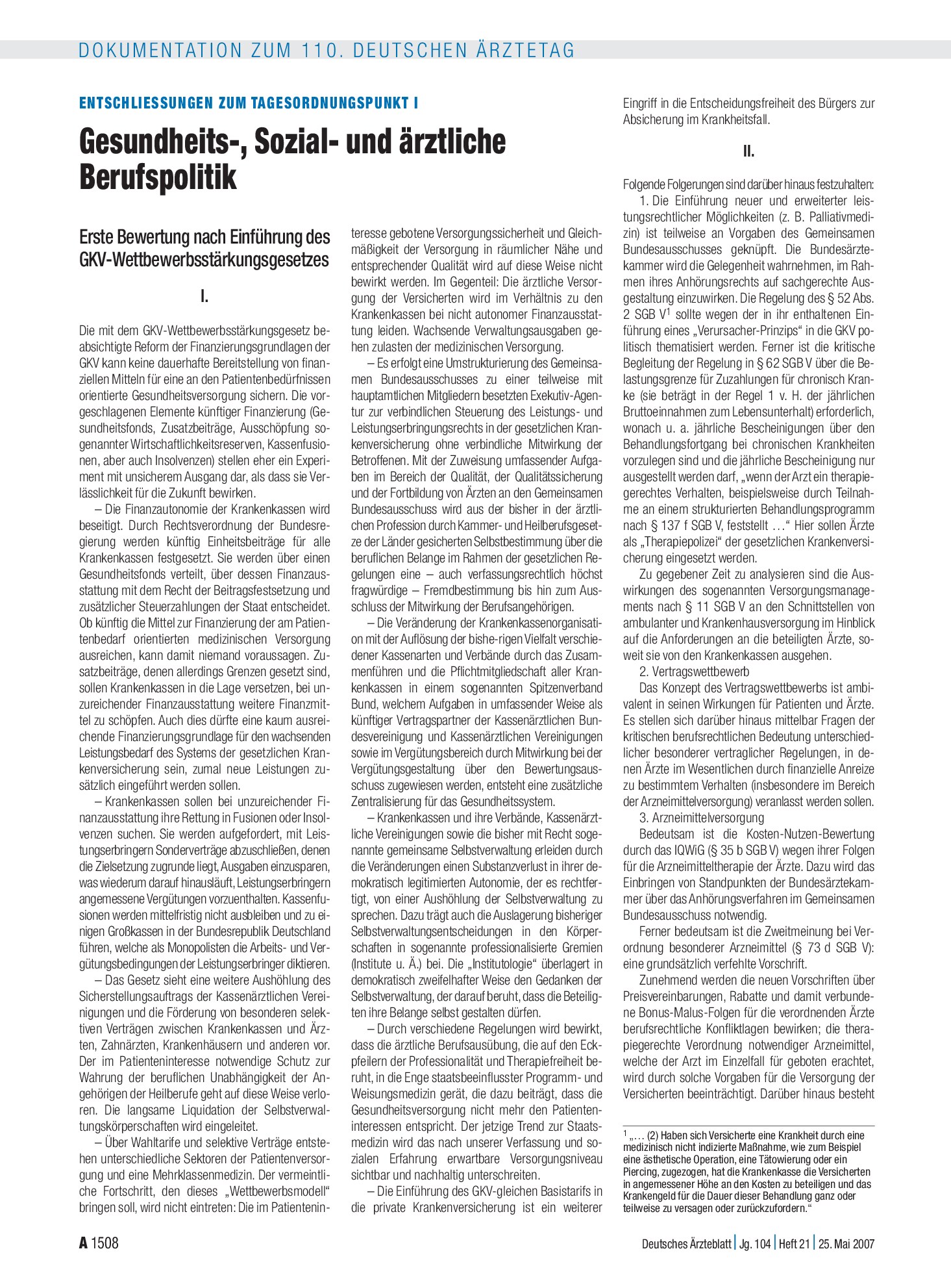 Vorschauseite 1: Entschliessungen zum Tagesordnungspunkt I: Gesundheits-, Sozial- und ärztliche Berufspolitik – Deutsches Ärzteblatt