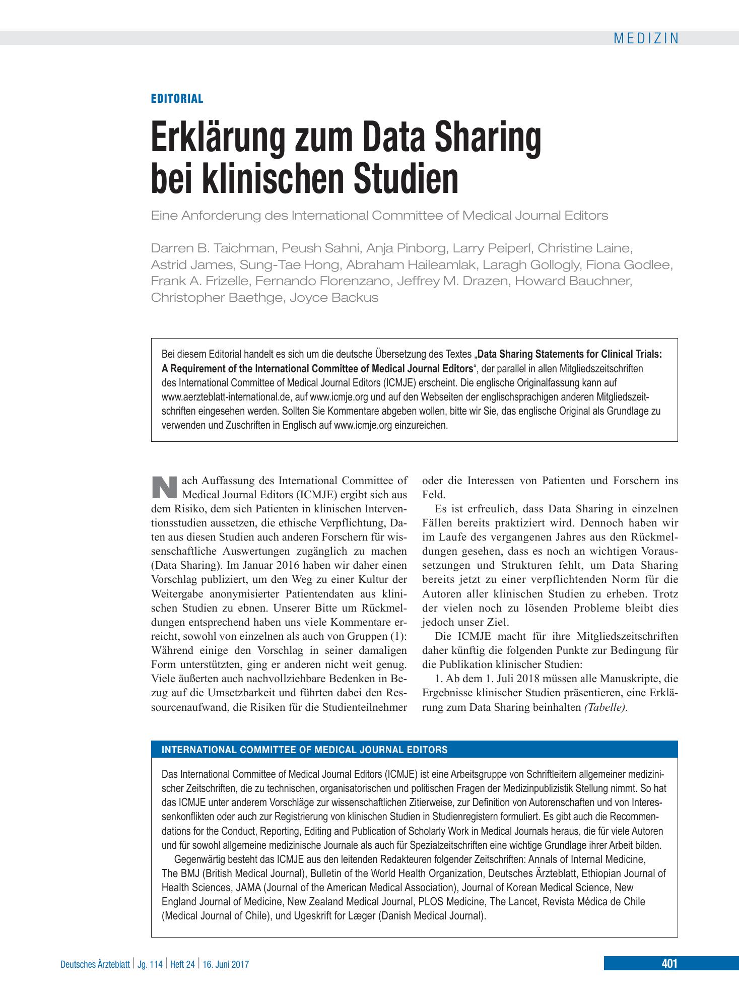 Vorschauseite 1: Erklärung zum Data Sharing bei klinischen Studien – Deutsches Ärzteblatt