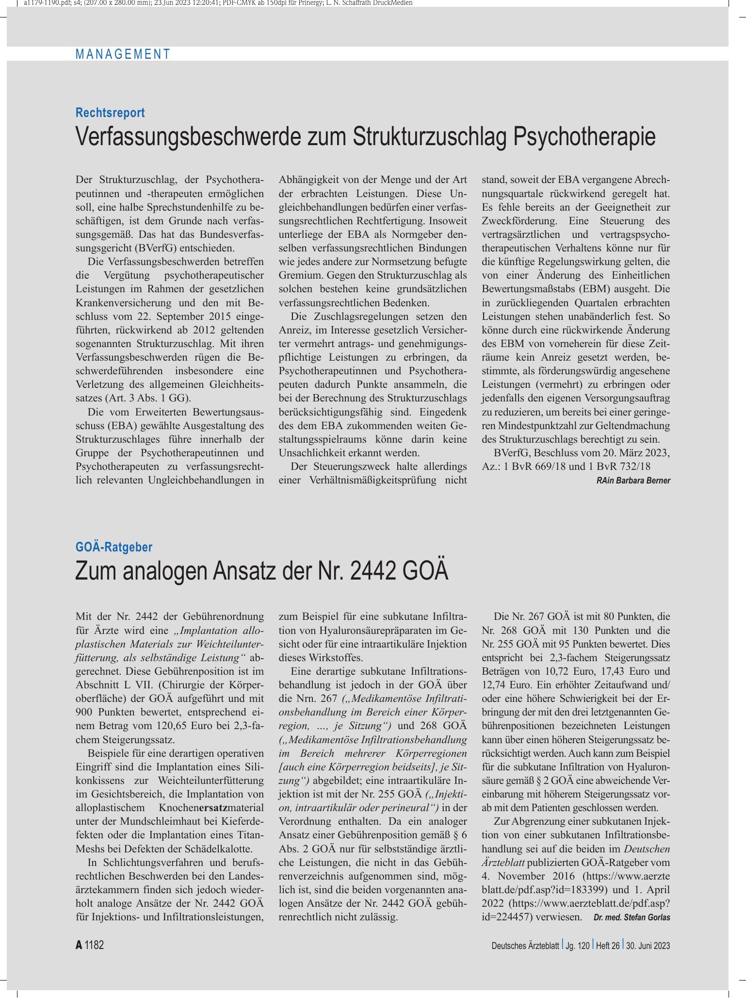 Vorschauseite 1: Rechtsreport: Verfassungsbeschwerde zum Strukturzuschlag Psychotherapie – Deutsches Ärzteblatt