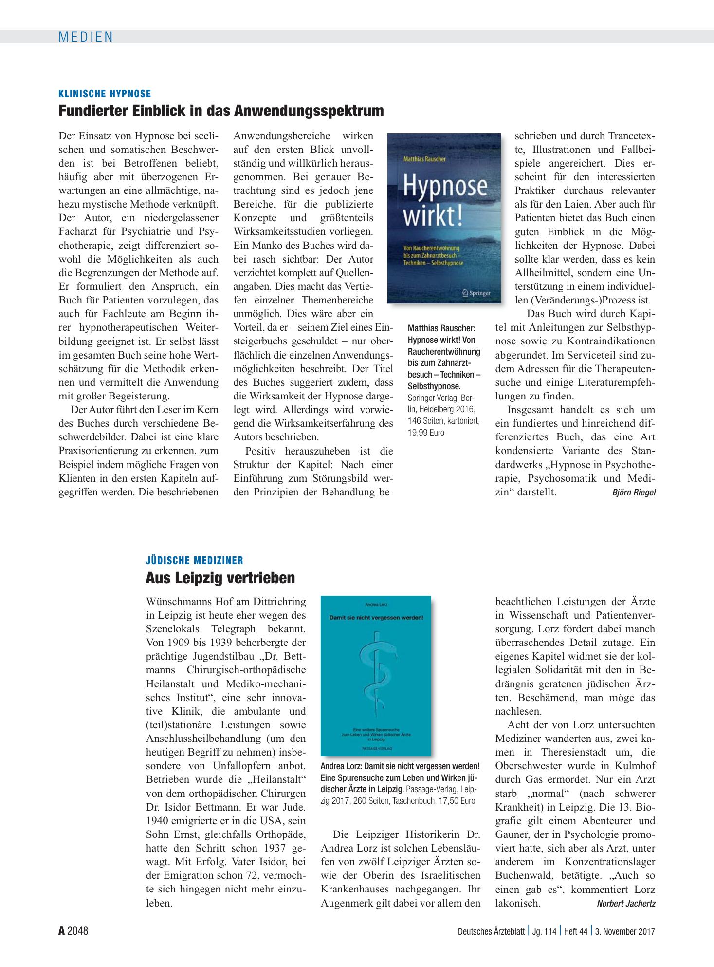 Vorschauseite 1: Jüdische Mediziner: Aus Leipzig vertrieben – Deutsches Ärzteblatt
