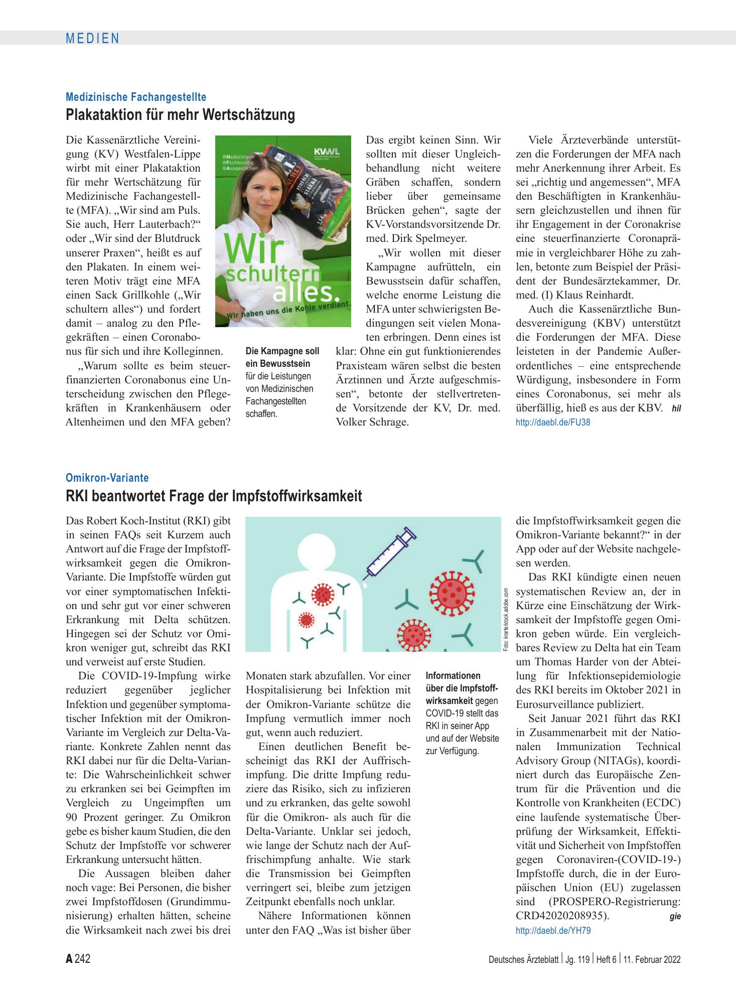 Vorschauseite 1: Omikron-Variante: RKI beantwortet Frage der Impfstoffwirksamkeit – Deutsches Ärzteblatt